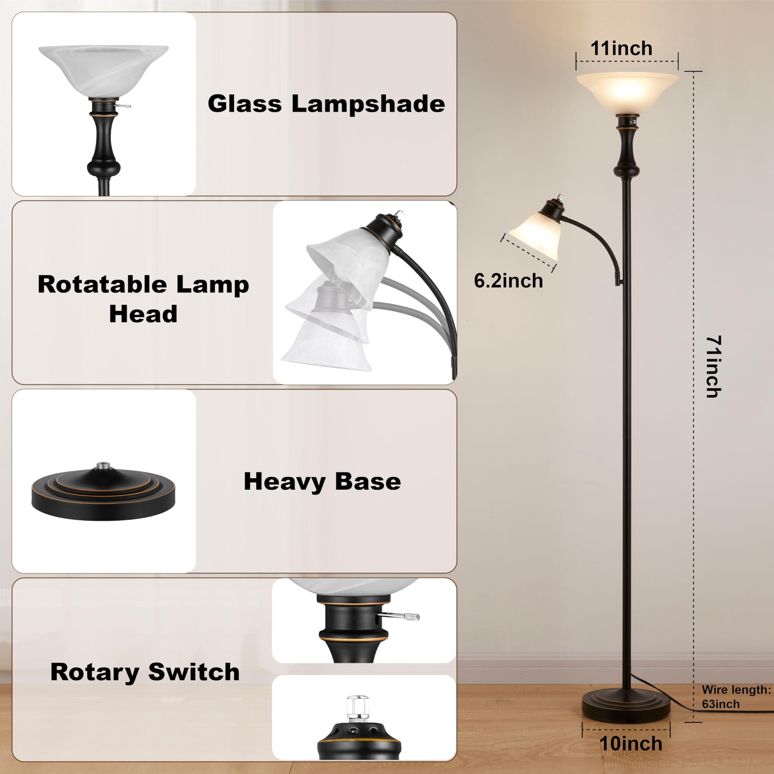 Leasgy 71'' Floor Lamps for Living Room, Tall Floor Lamp for Bedroom with Adjustable Angle Arc Reading lamp, Modern Torchiere Standing lamp with Glass Shade, Knob Switch, Bulb Included, Black