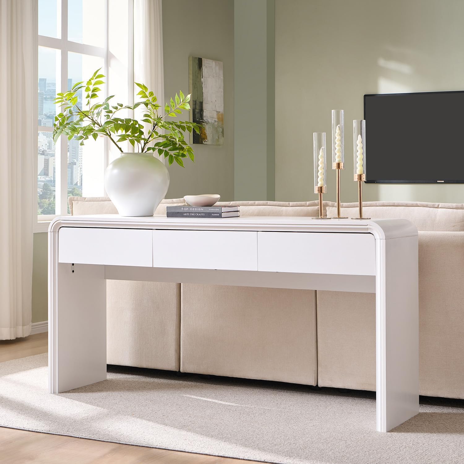 Aitjunz 63'' Console Table with 3 Drawers, Modern Entryway Table with Curved Profile Design, Narrow Long Wood Sofa Table Behind Couch Table for Living Room, Hallway, Foyer, White