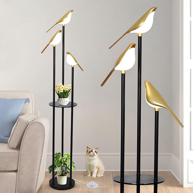 LED Bird Floor Lamp with Shelf & 3 Adjustable Lights