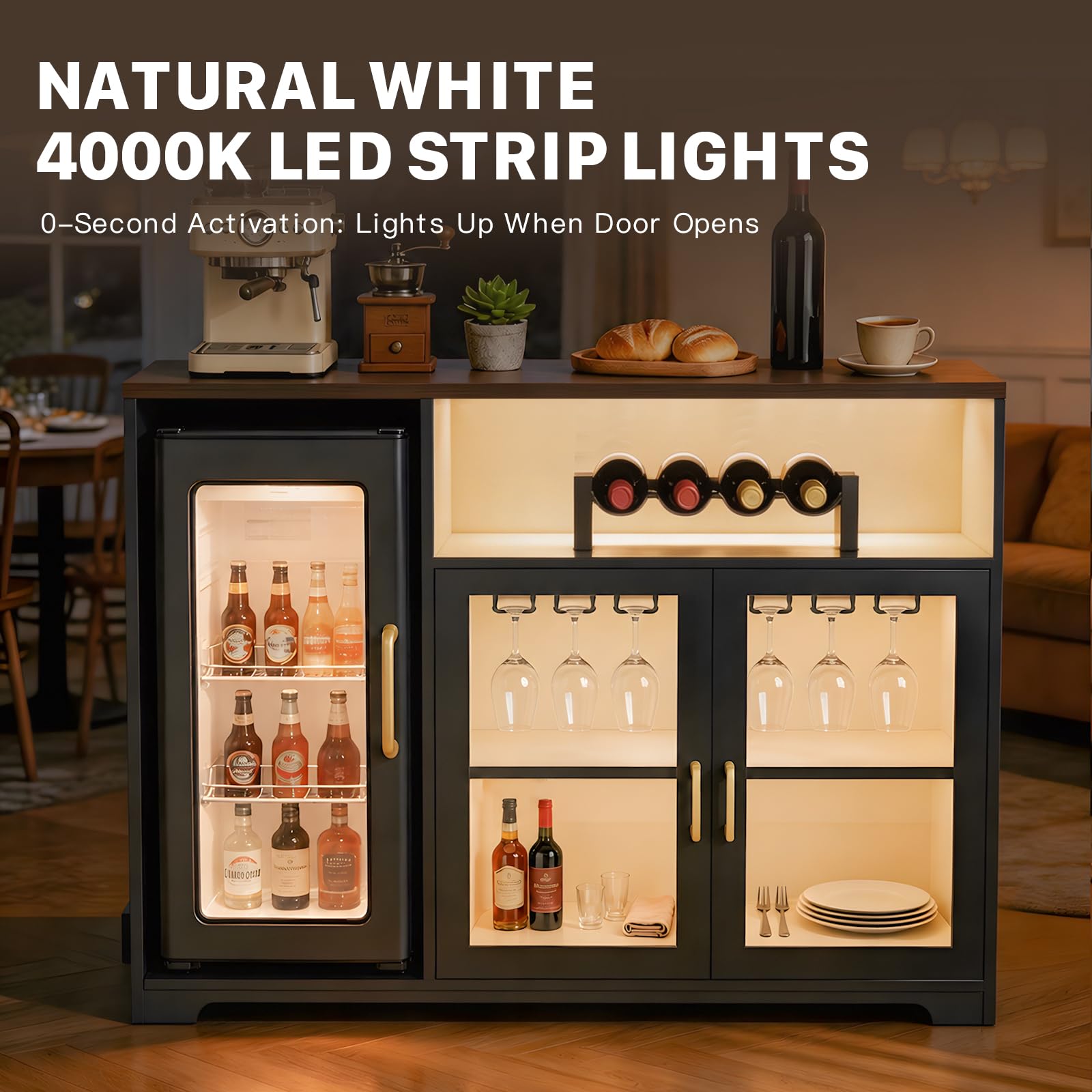 Wine Bar Cabinet with LED Light & Power Outlets, Coffee Bar Cabinet With Fridge Space, MDF Liquor Cabinet with Wine Rack, Glass Holder, Aluminum Alloy Handle, Mini Bar For Home, Kitchen (Black)