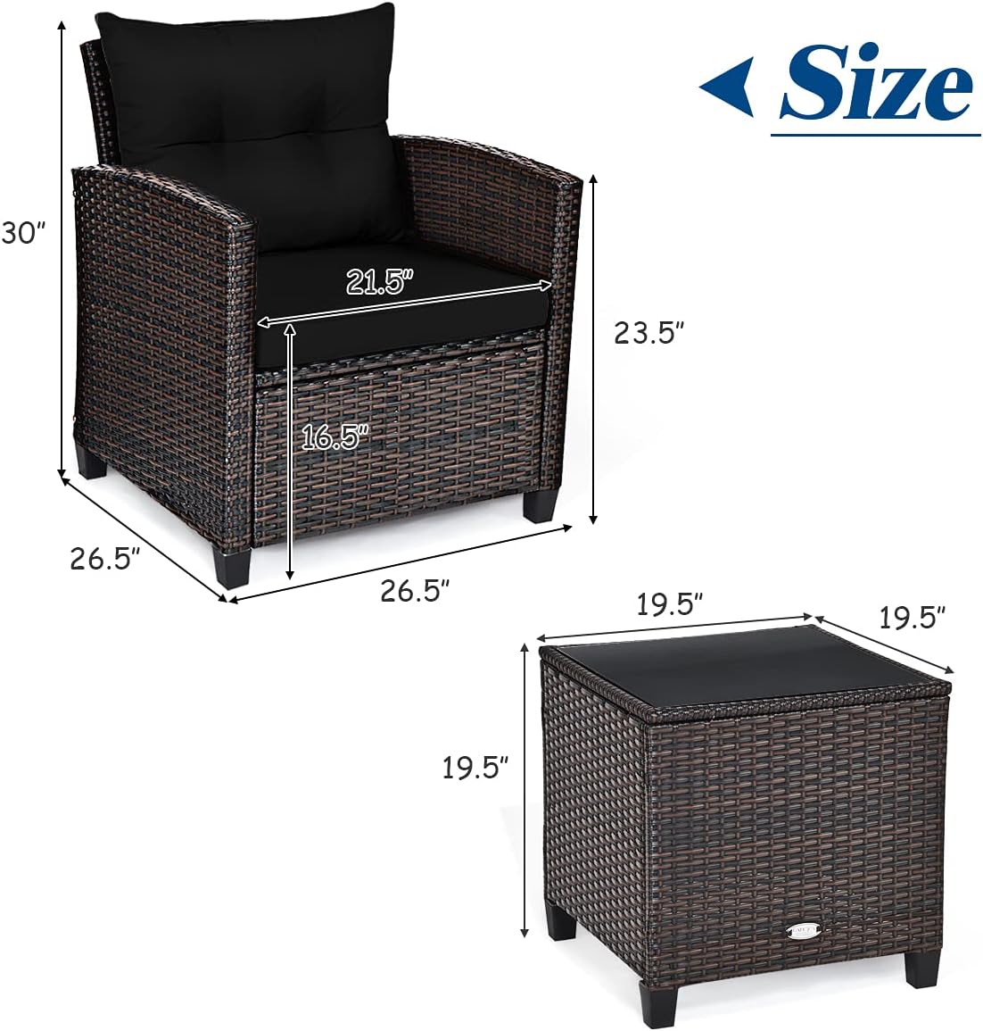3-Piece Outdoor Rattan Conversation Set with Cushions & Glass Table