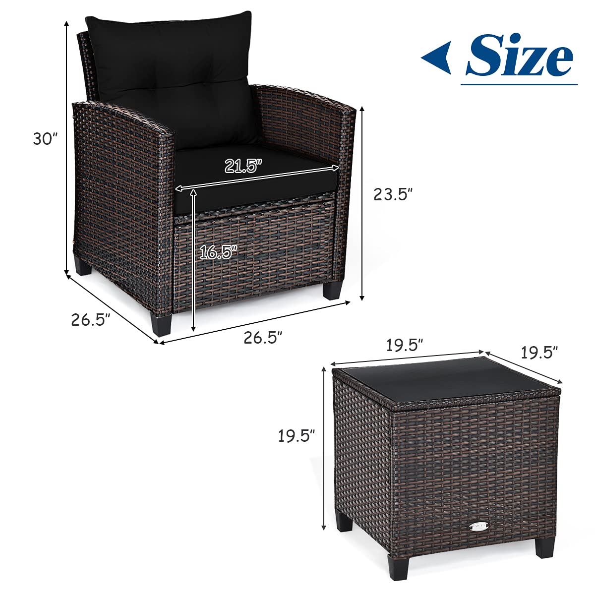 3-Piece Outdoor Rattan Conversation Set with Cushions & Glass Table