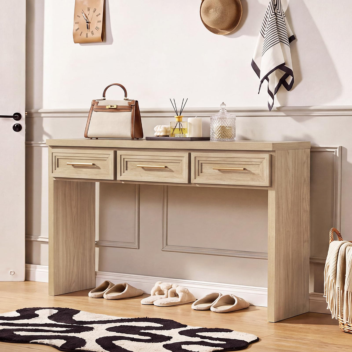 RWYHG 47" Entryway Table with 3 Drawers, Modern Wood Console Table, Natural