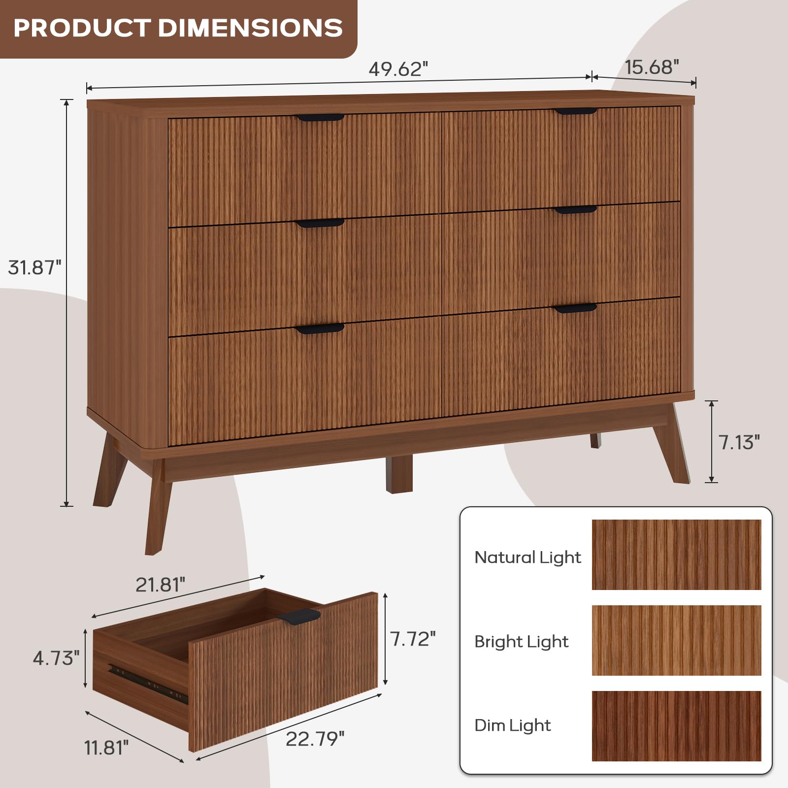 GRAINLLE Fluted Dresser for Bedroom,49.6'' Modern Wooden Walnut Dresser with 6 Drawers, Bedroom Dressers, Natural Wood Chest of Drawers for Living Room, Hallway (Walnut)