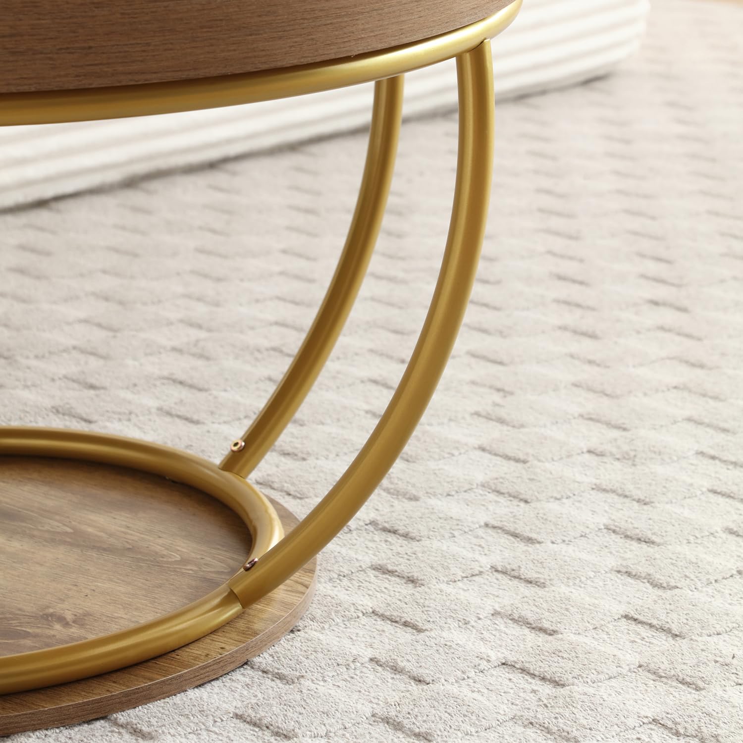 ivoros Round Coffee Table, 31" Circle Coffee Table for Living Room, 2-Tier Wood Coffee Table with Open Storage Shelf, Industrial Accent Center Table for Home Office Apartment (Gold Leg)