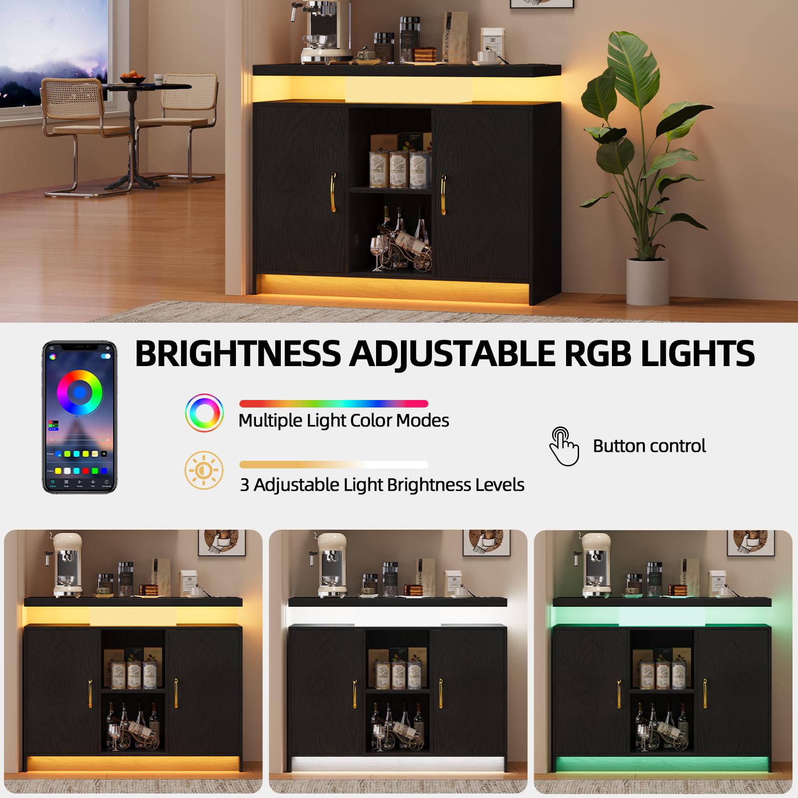 4 EVER WINNER Coffee Bar Cabinet with LED, Sideboard Buffet Cabinet with Storage, Coffee Station Cabinet with Charging Station, Black Coffee Bar for Kitchen, Dining Room