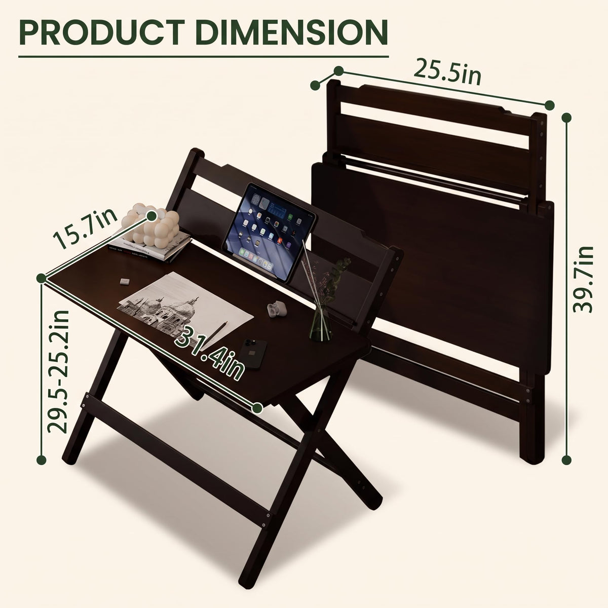 JORZIK Bamboo Foldable Desk, 31" Portable Oversized Desk with 4 Adjustable Heights,Home Office Computer Desk with ReadingShelf, Perfect Furniture for Living Room &Bedroom, No Assembly (Walnut)