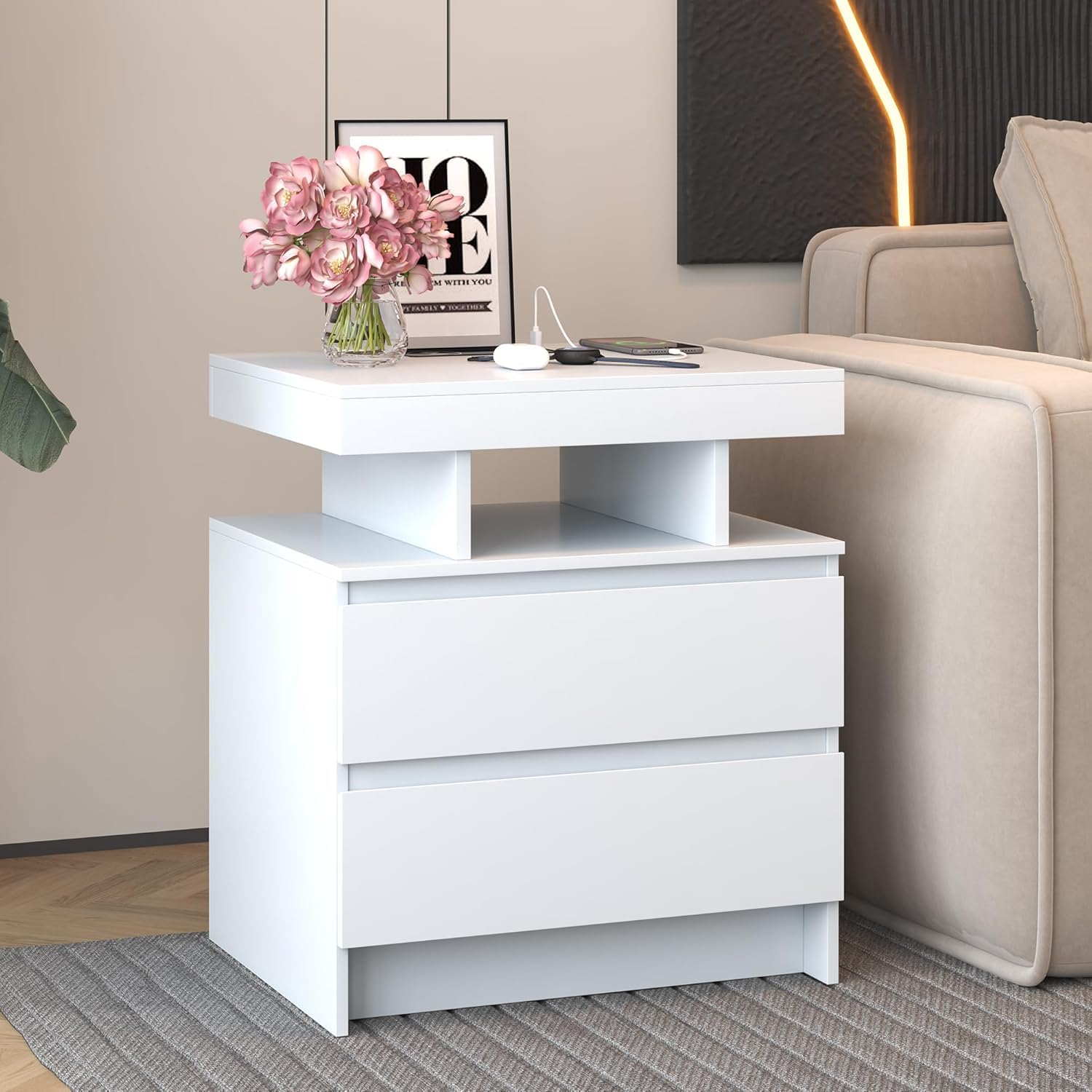dnbss Nightstand with Charging Station and LED Light, Modern Night Stand with 2 Drawers, Smart Nightstand with USB Ports and Wireless Charger, Bedside Table for Bedroom, White