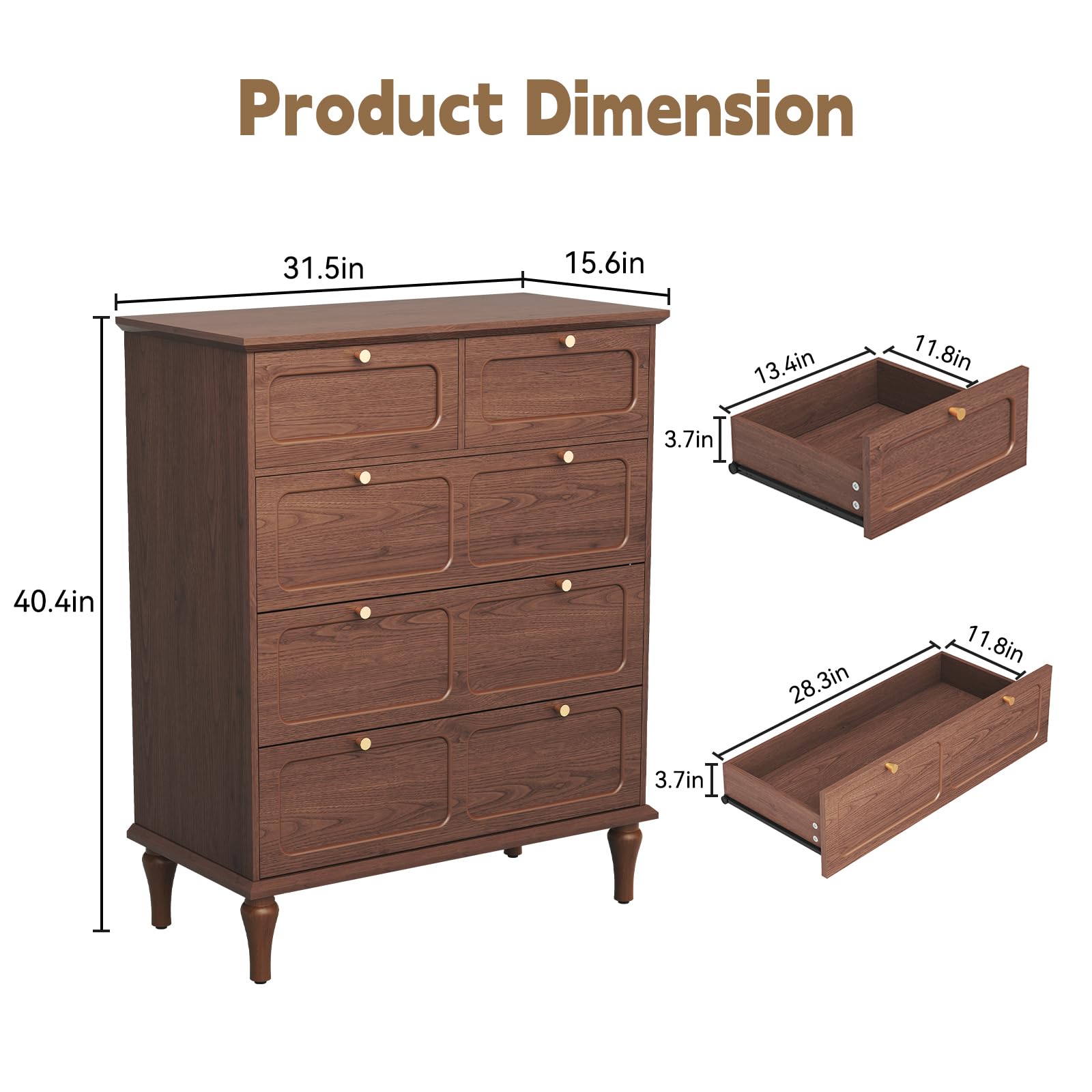 ARTPOWER 5 Drawer Dresser for Bedroom, Tall Dressers & Chests of Drawers with Solid Wood Legs and Brass Handles, Vertical Storage Organizer for Living Rooms, Hallway, Entryways, Offices, Brown