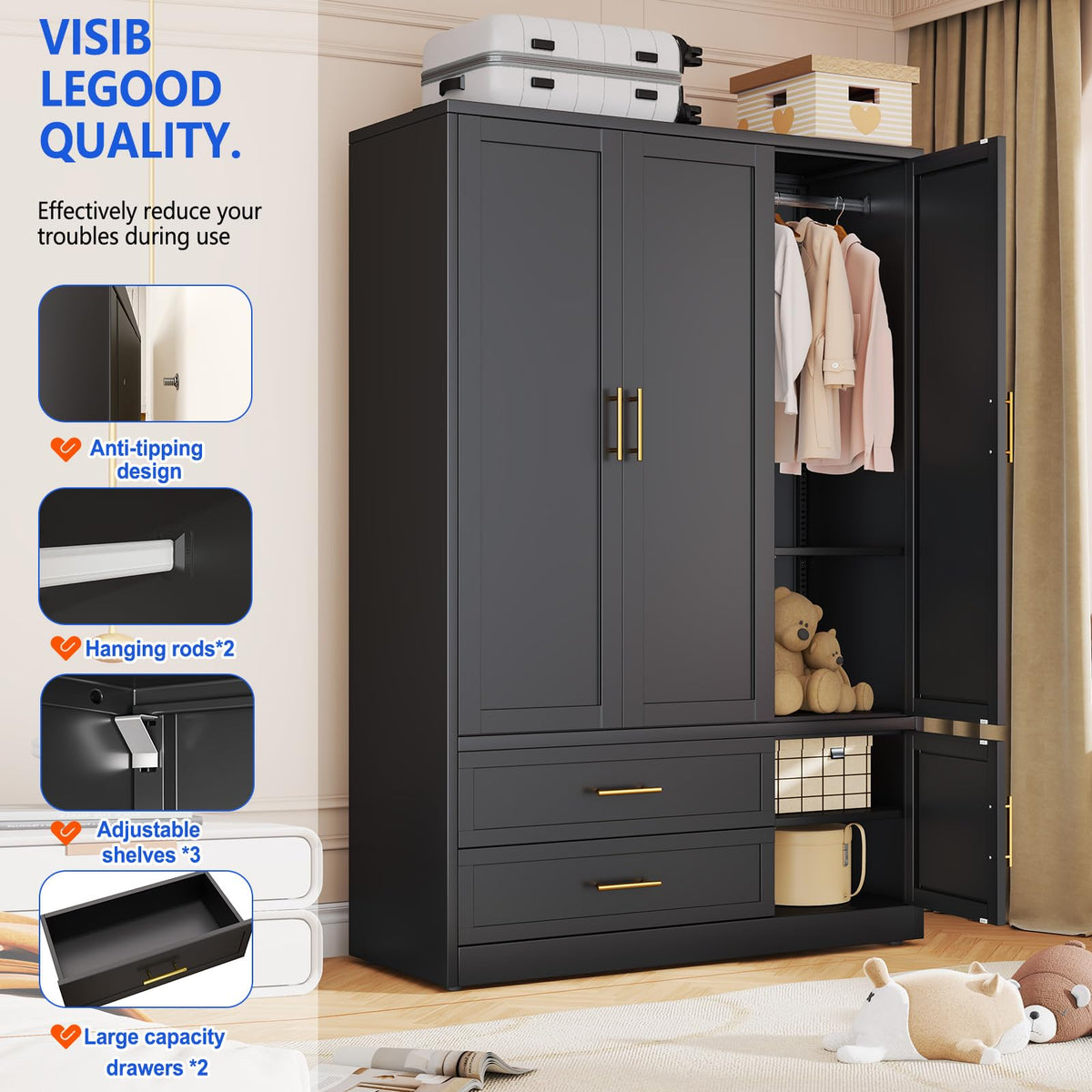 GAIOUS Metal Armoire Wardrobe Closet, Freestanding Clothing Storage Cabinet