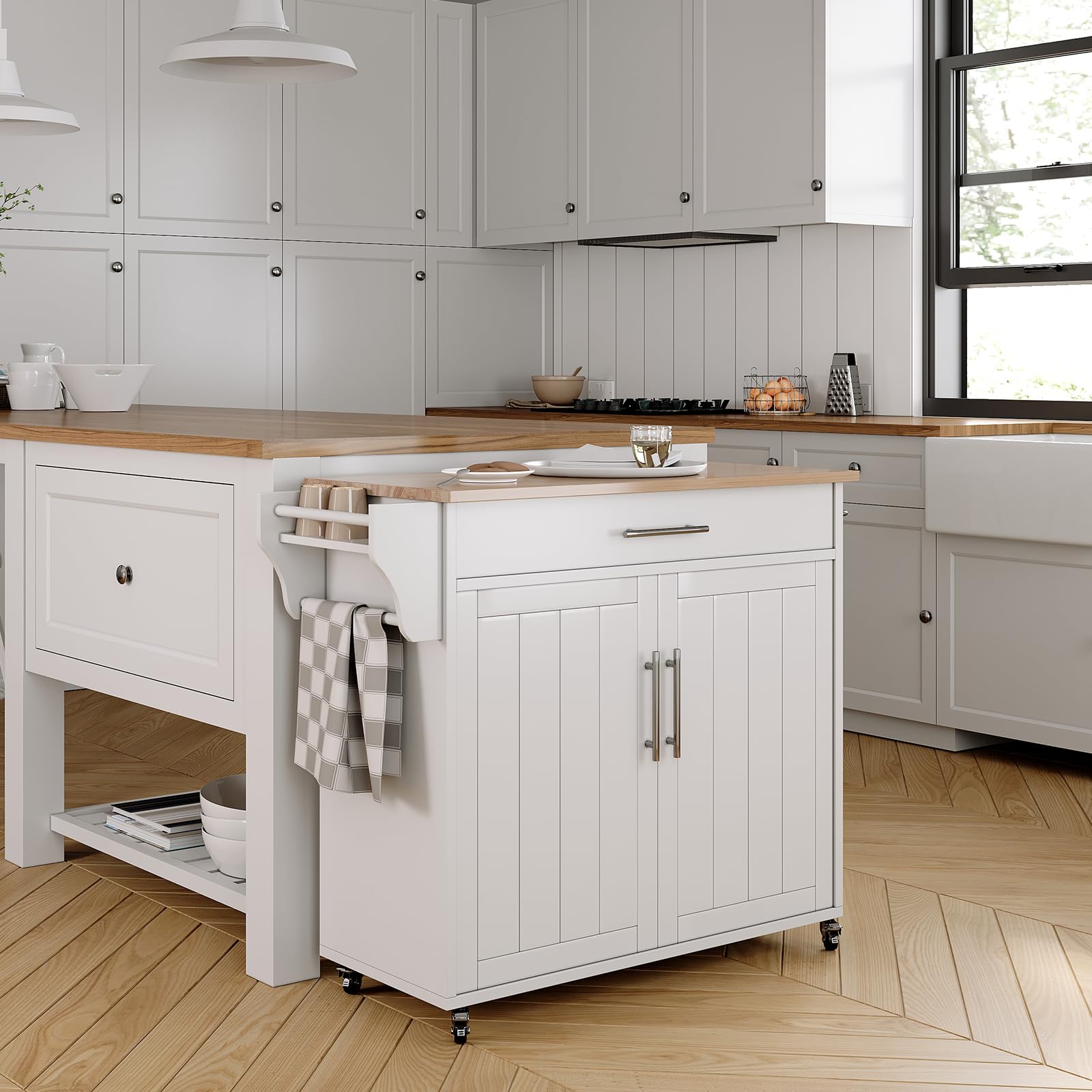 Soscana Kitchen Island with Storage, Wooden Rolling Kitchen Island On Wheels with Wood Top, Mobile Kitchen Bar Cart Cabinet with Towel Rack, Spice Rack and Drawers, White
