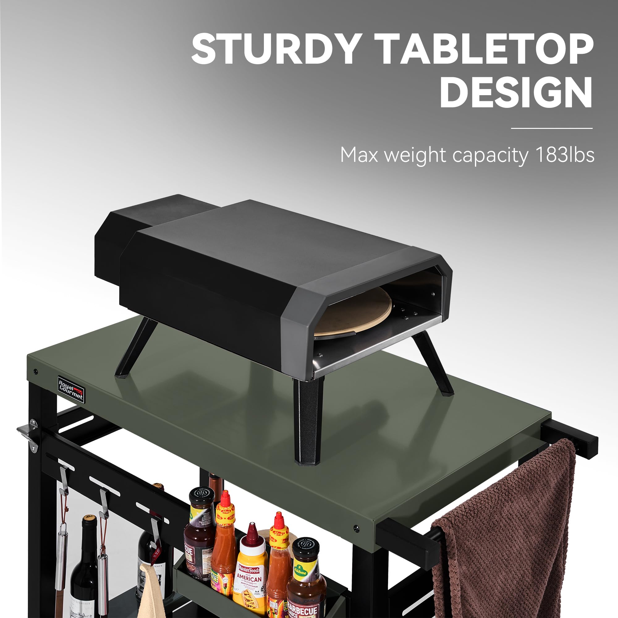 Grills House PC3406G Indoor/Outdoor Double-Tier Dining Cart, Sturdy Structure and Open Storage Shelf, Front Basket, Easily Mobility with 2 Wheels and Multifunctional Side Handle, Olive-Green