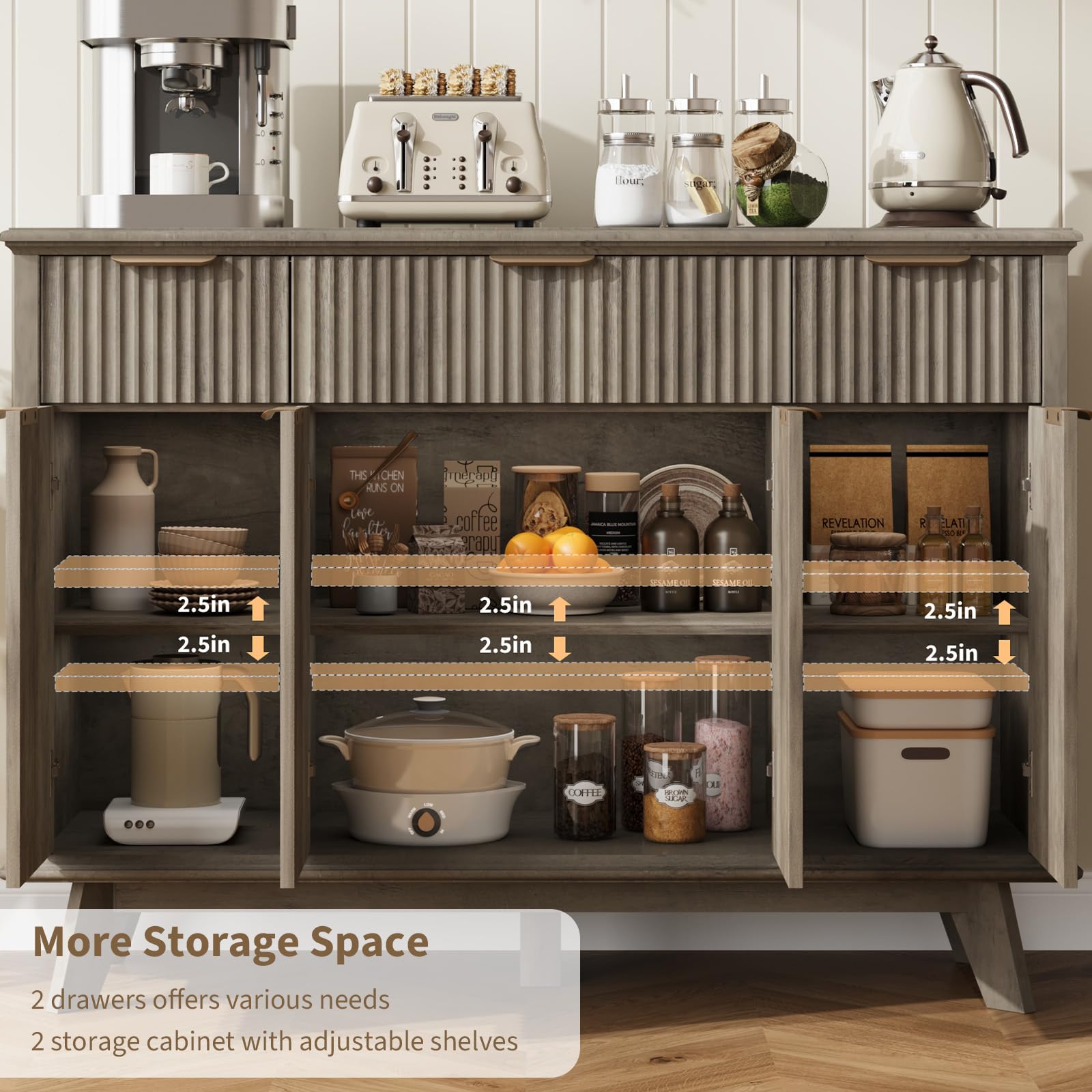 47.2" Fluted Buffet Cabinet with Drawers & Charging Station