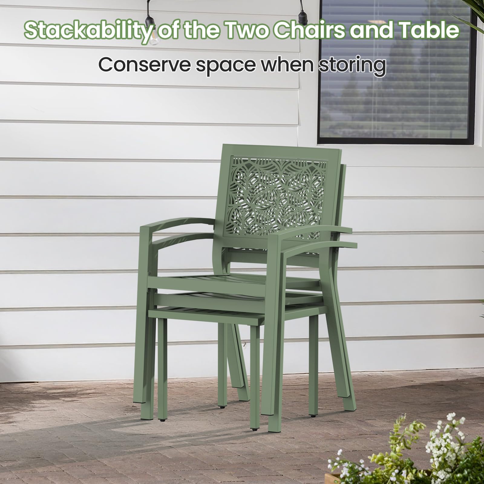 BUPPLEE 3 Piece Patio Bistro Set, Outdoor Steel Furniture Set, Stackable Modern Conversation Sets for Balcony Garden Deck Patio w/2 Chairs 1 Table, Sauge Green