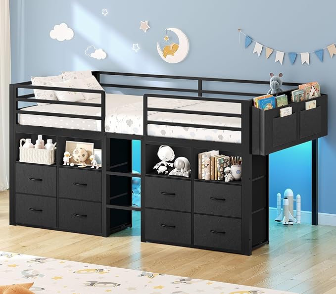 Kids Low Loft Bed Twin with Storage Drawers & LED Lights