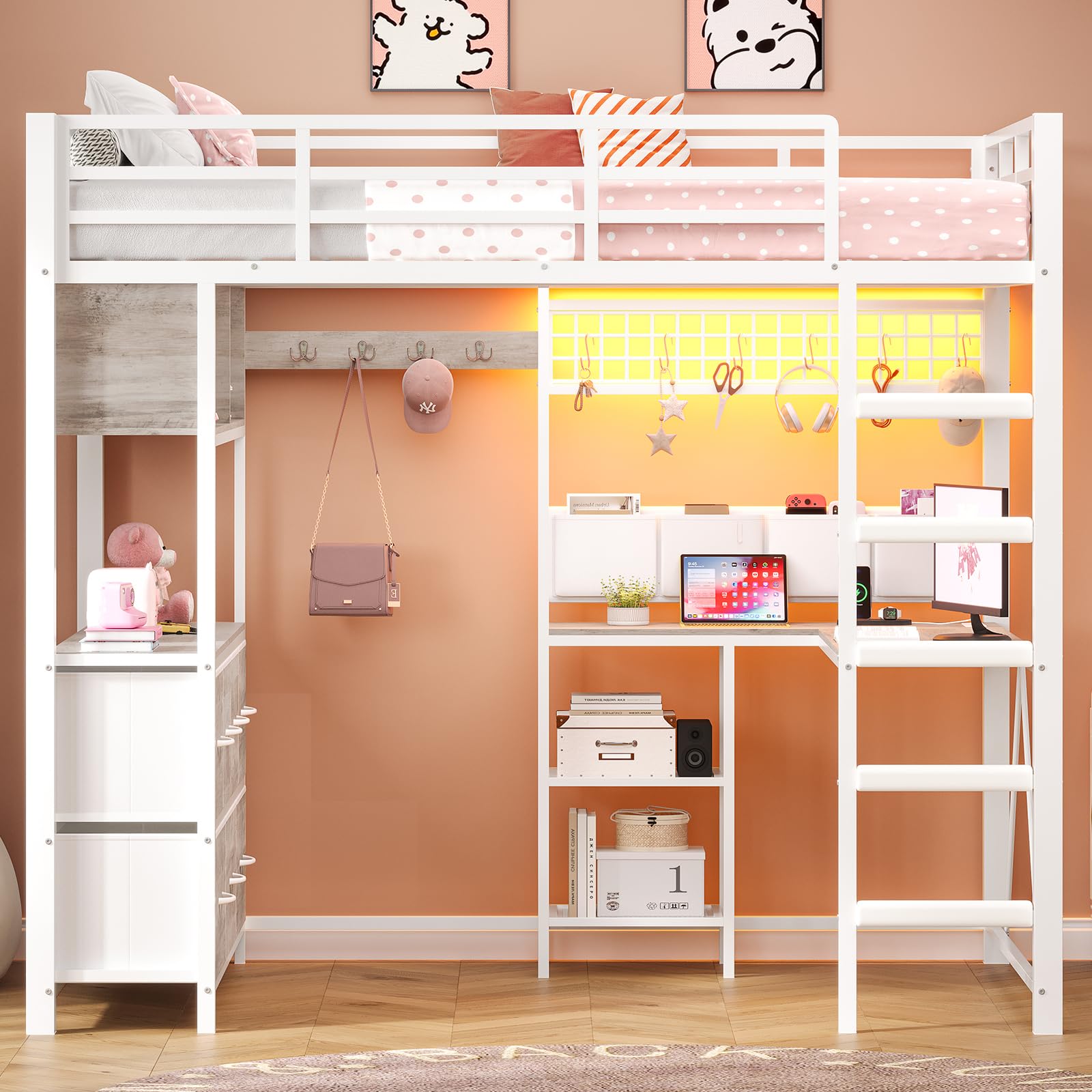 Full Size Loft Bed with Desk, Drawers & LED Lights