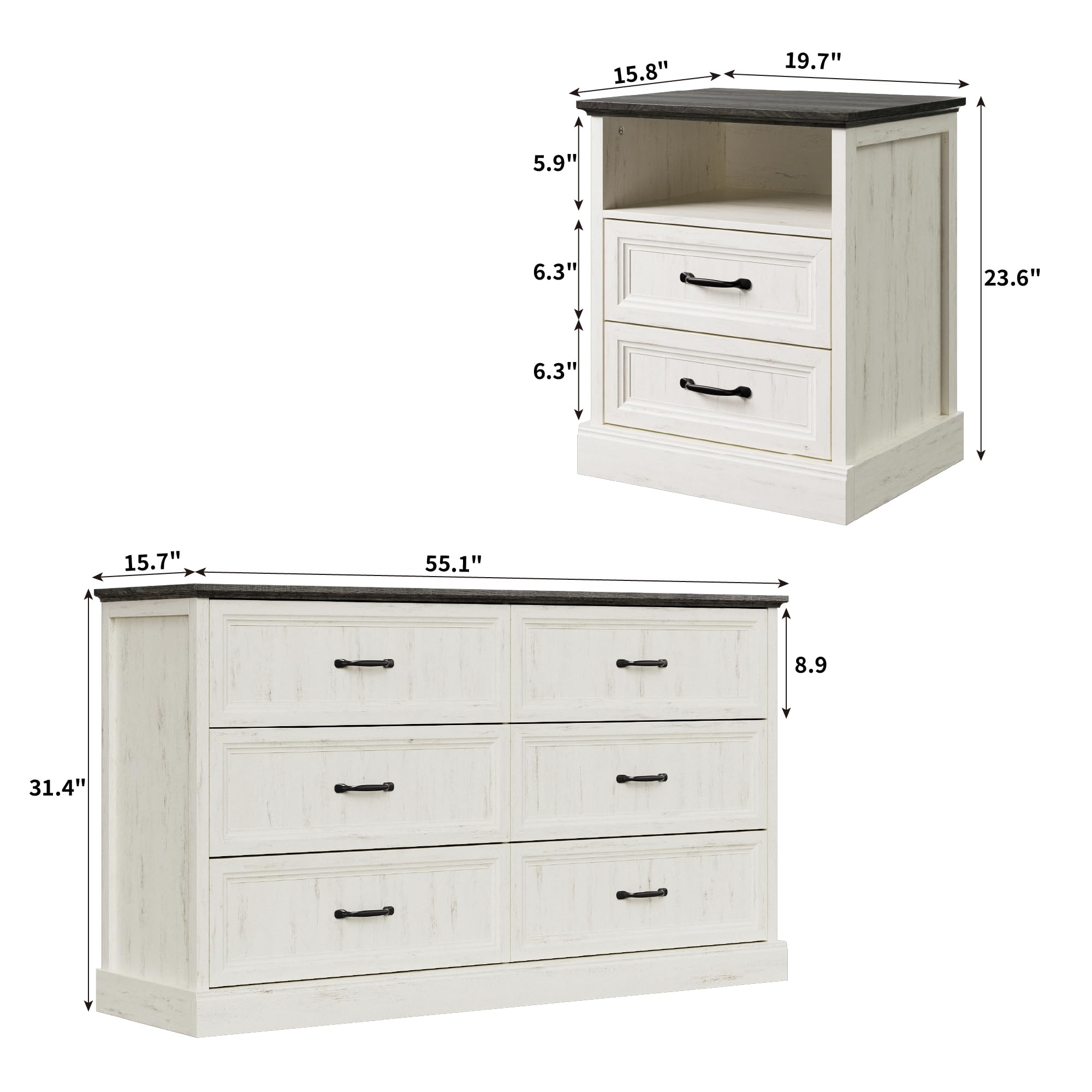 Tradare 3 Pcs Farmhouse Dresser and Nightstand Sets for Bedroom, 6 Drawer Dresser & Nightstand Set of 2, Rustic Wooden Chest of Drawers Wide Storage Organizer for Bedroom, White