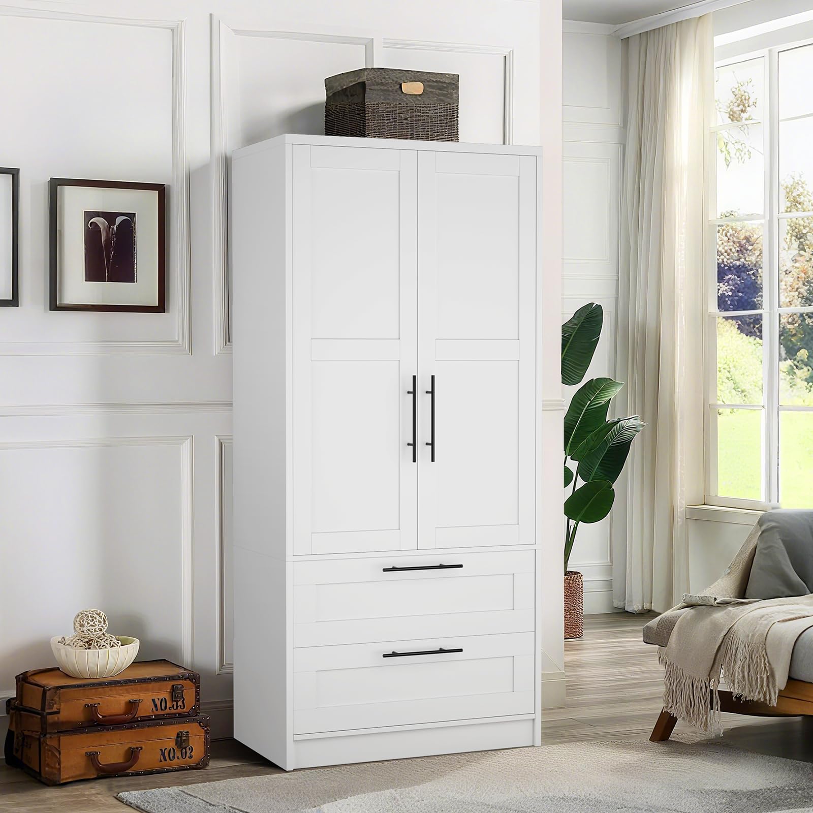 2-Door Wardrobe Armoire with Drawers & Hanging Rod