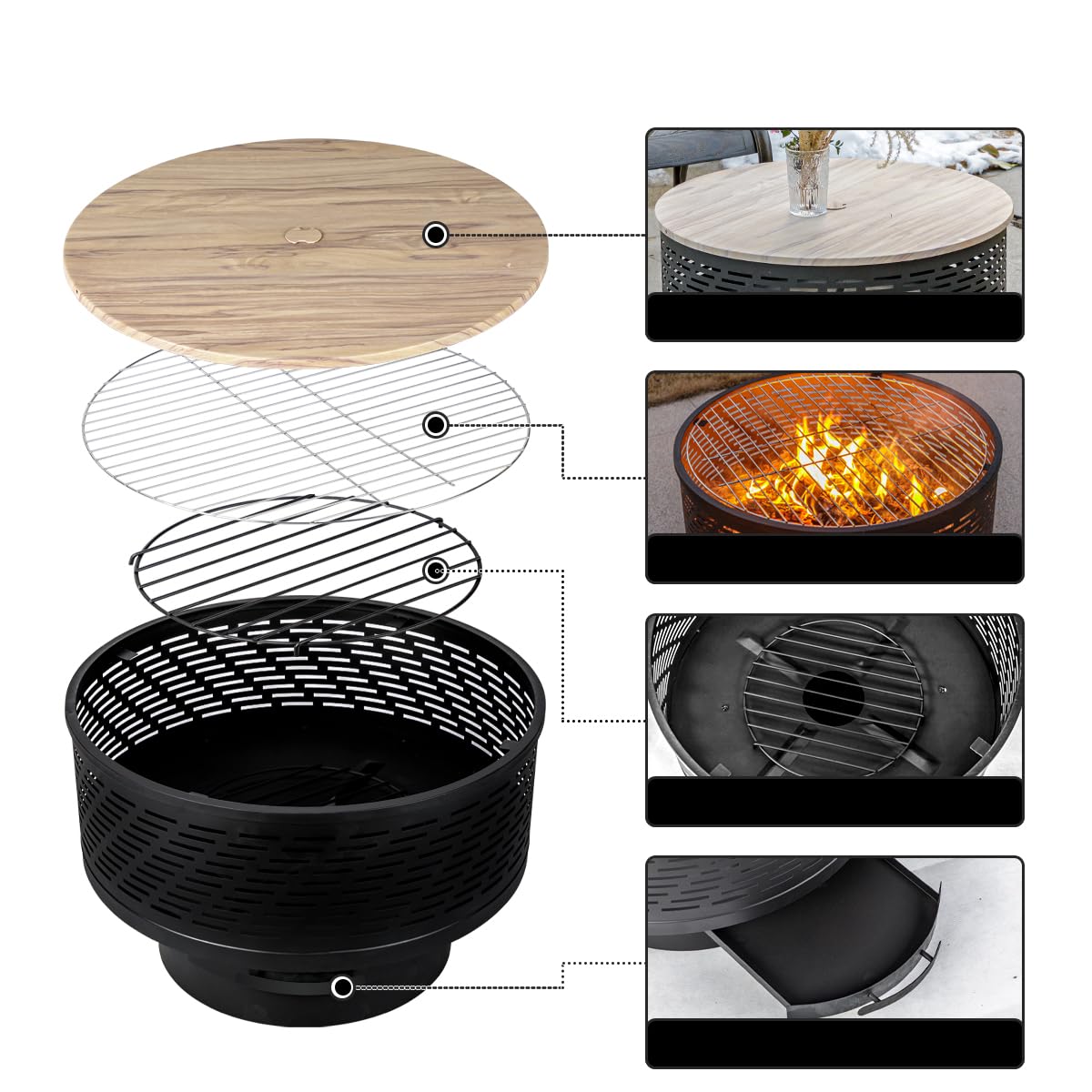Wood Burning Fire Pit with Grill & Lid