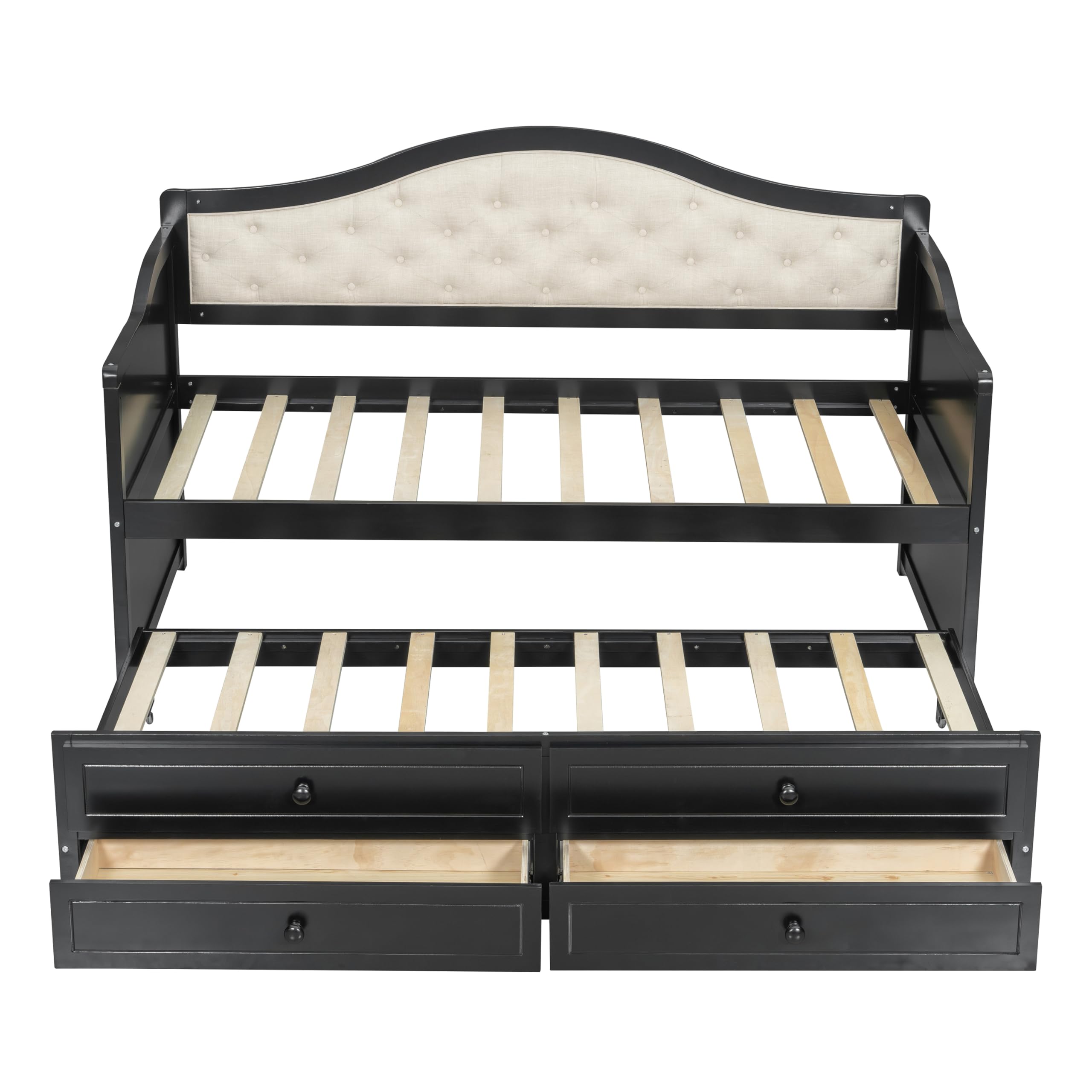 Bellemave Twin Size Daybed Frame with Trundle and Storage Drawers,Day Bed Frame Twin Size,Wood Daybed with Upholstered Button Tufted Backrest for Bedroom,Living Room,Black