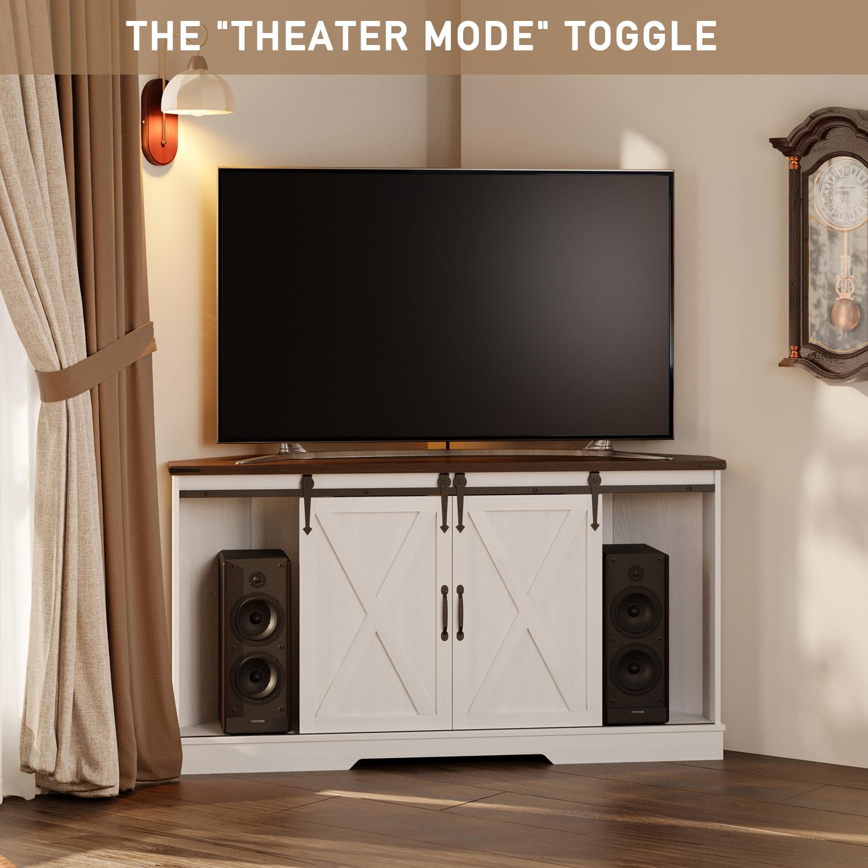 Melidee Corner TV Stand for 65 Inch TV - with Sliding Barn Door - Wood Entertainment Center - Media Console Cabinet - 58"x15.7"x31"H, White