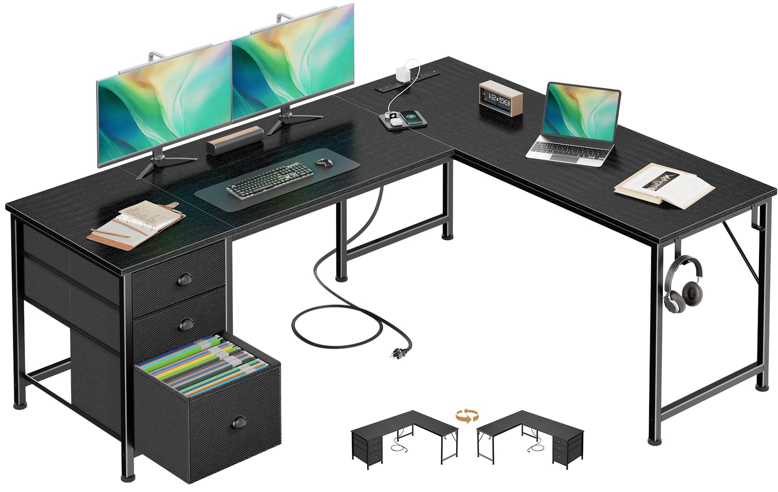 Furologee 63" L Shaped Computer Desk with Power Outlet & USB-C Port, Reversible Home Office Desk with 2 Fabric Drawers, File Cabinet, Hooks, Large Corner Table for Gaming, Writing, Work, Black