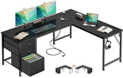L-Shaped Desk with Power Outlet & Storage