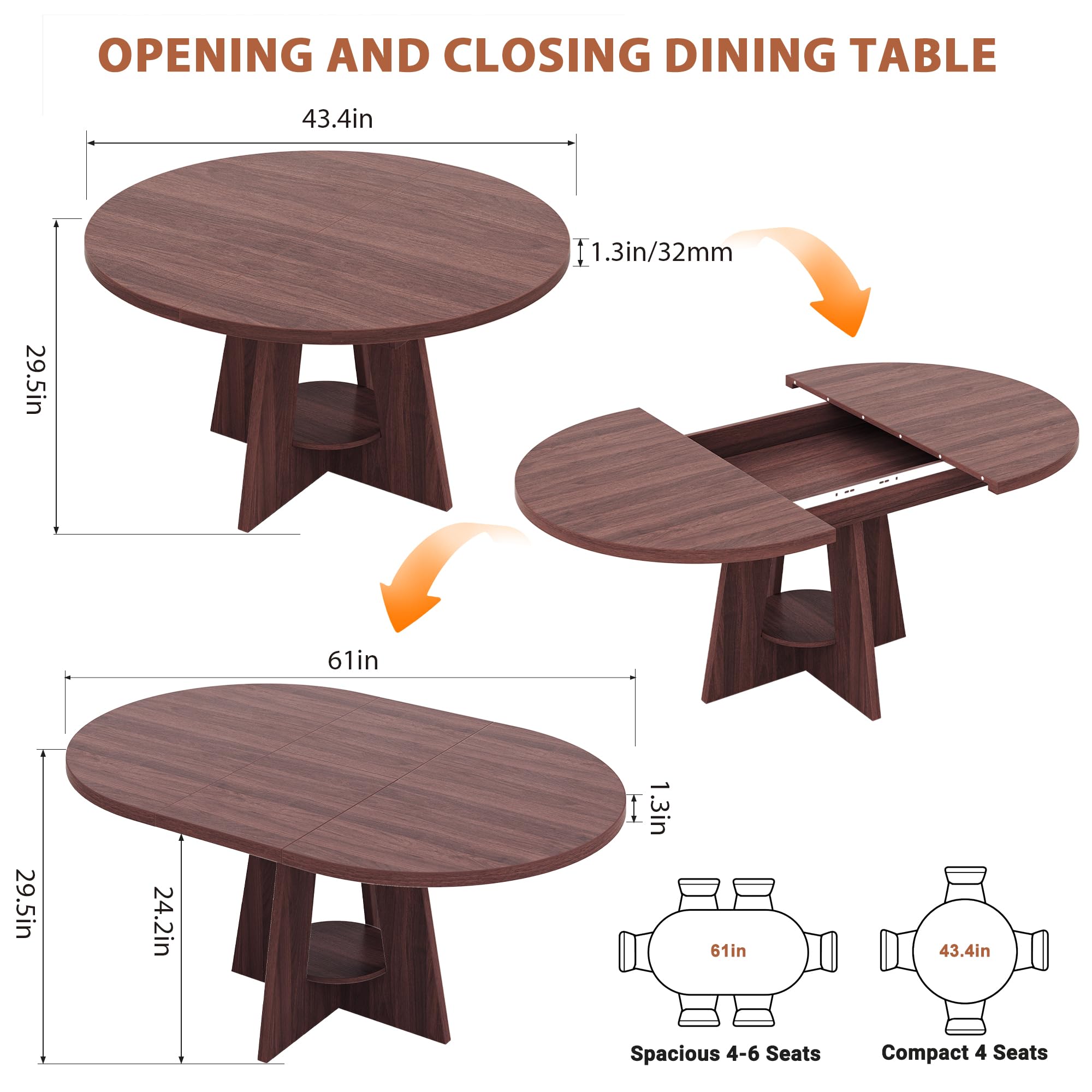 Extendable Dining Table, Round Kitchen Dining Room Dinner Table with for 4 6 8 People, Space Saving Modern Oval Expandale Furniture with Storage and Pedestal for Kitchen Living Room (Brown)