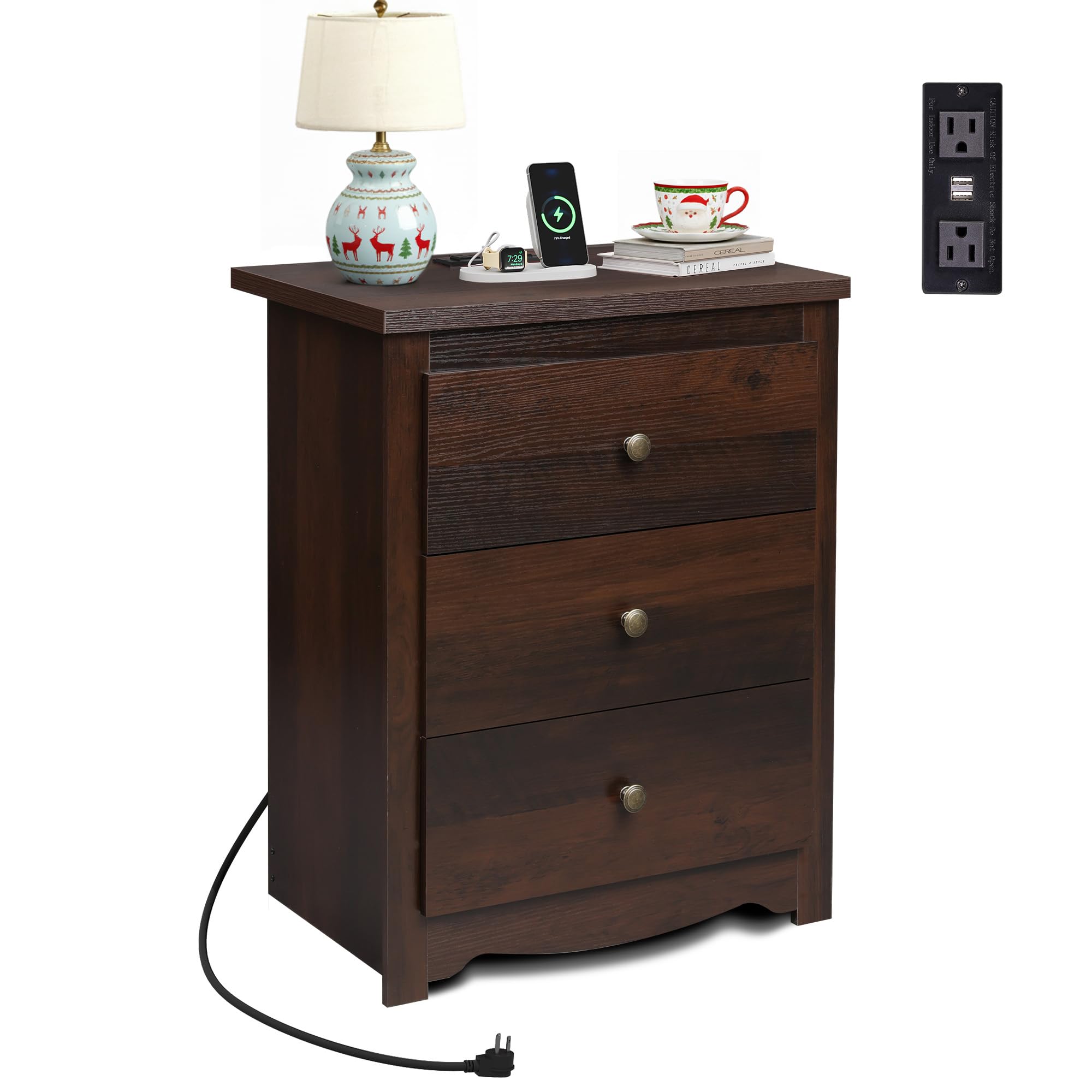 Tall Nightstand with Charging Station & 3 Drawers