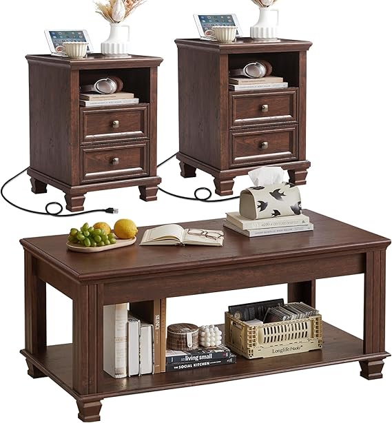 Farmhouse Coffee Table Set of 3 with Drawers