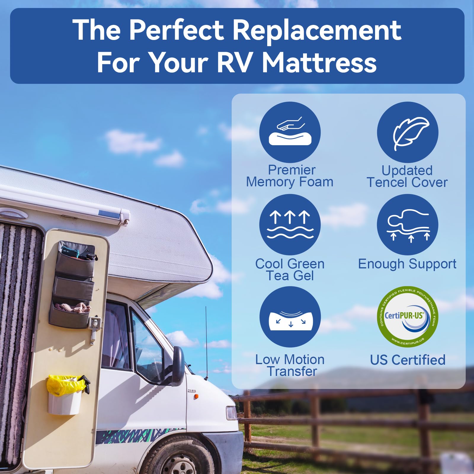 King RV Mattress Memory Foam-Mattress 10 Inch, Updated Cooling Green Tea/Gel Mattresses for Camper/Truck/Trailer, Medium Firm-Mattress with Fiberglass-Free Cover, CertiPUR-US,Made in USA, 80'' x 72''
