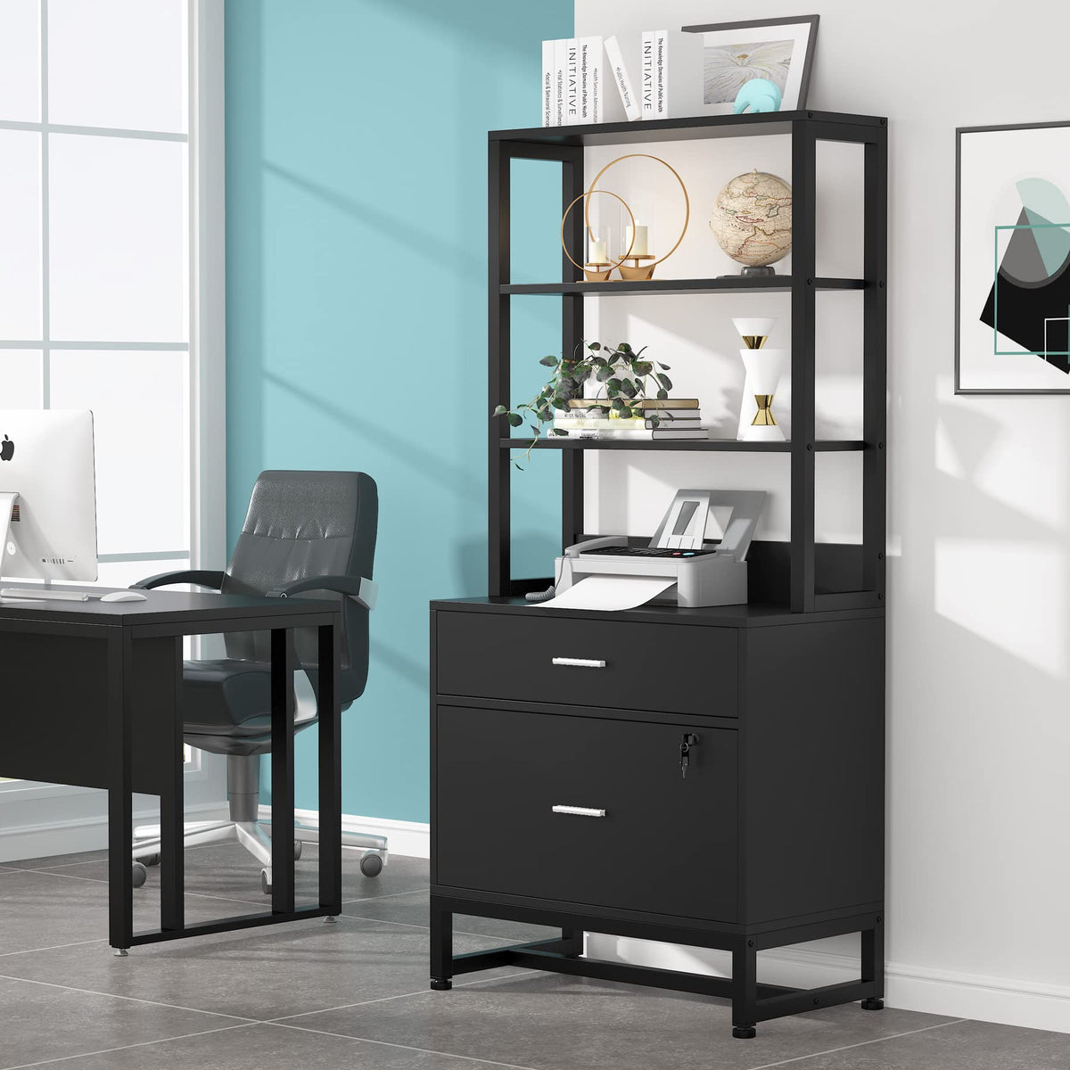 Locking File Cabinet with Bookshelf