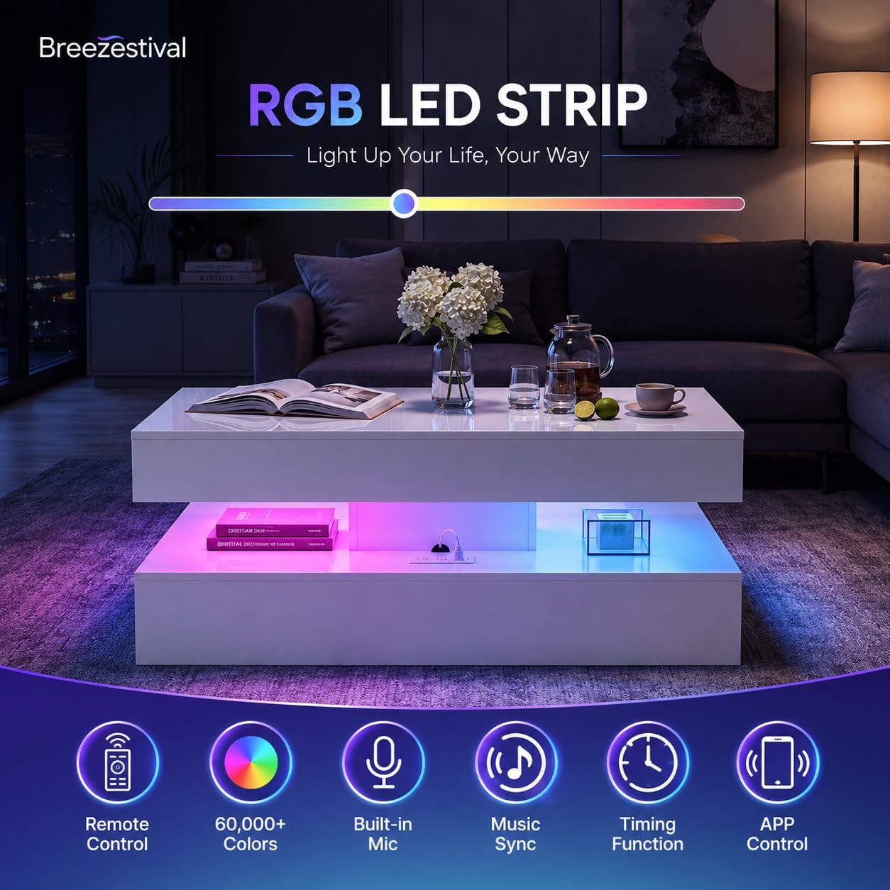 Breezestival 47 Inch LED Lift Top Coffee Table, High Gloss Coffee Table with 2 Sliding Drawers, Open Storage Shelf and Ambient Light, Modern Double-Layer Center Table for Living Room White