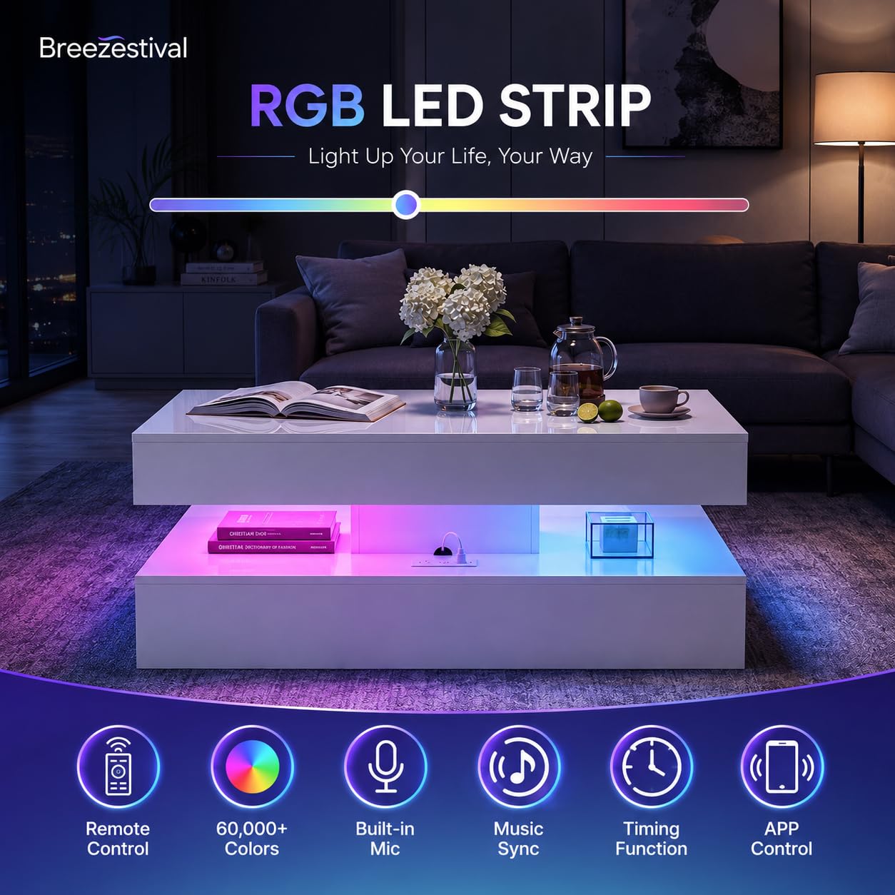 Breezestival 47 Inch LED Lift Top Coffee Table, High Gloss Coffee Table with 2 Sliding Drawers, Open Storage Shelf and Ambient Light, Modern Double-Layer Center Table for Living Room White