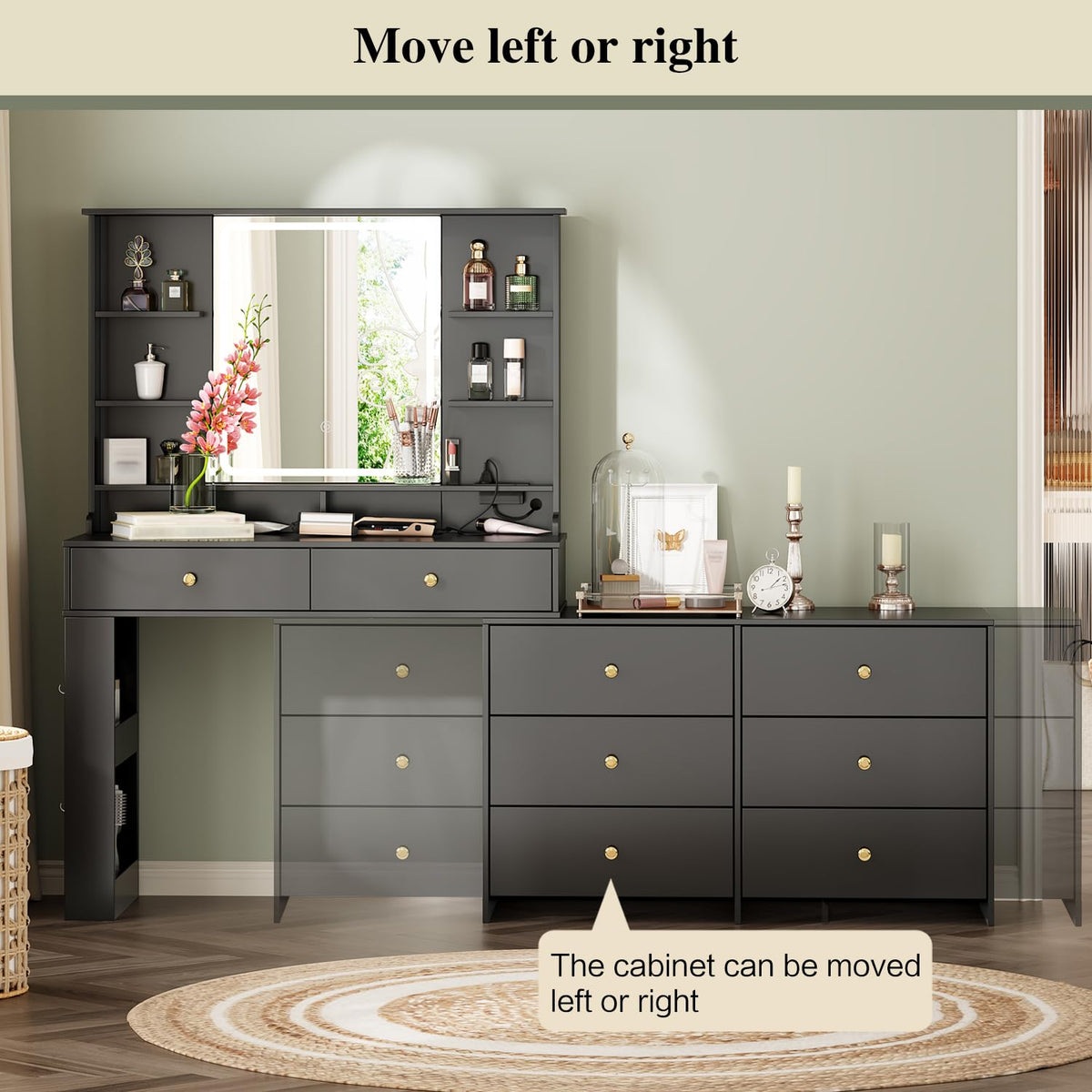 55.91“Makeup Vanity Desk with Mirror and Lights, Vanity Desk with 8 Drawers & Storage Shelves, Vanity Table with Power Outlet, 3 Color Modes & Adjustable Brightness Dressing Table, Bedroom,Black