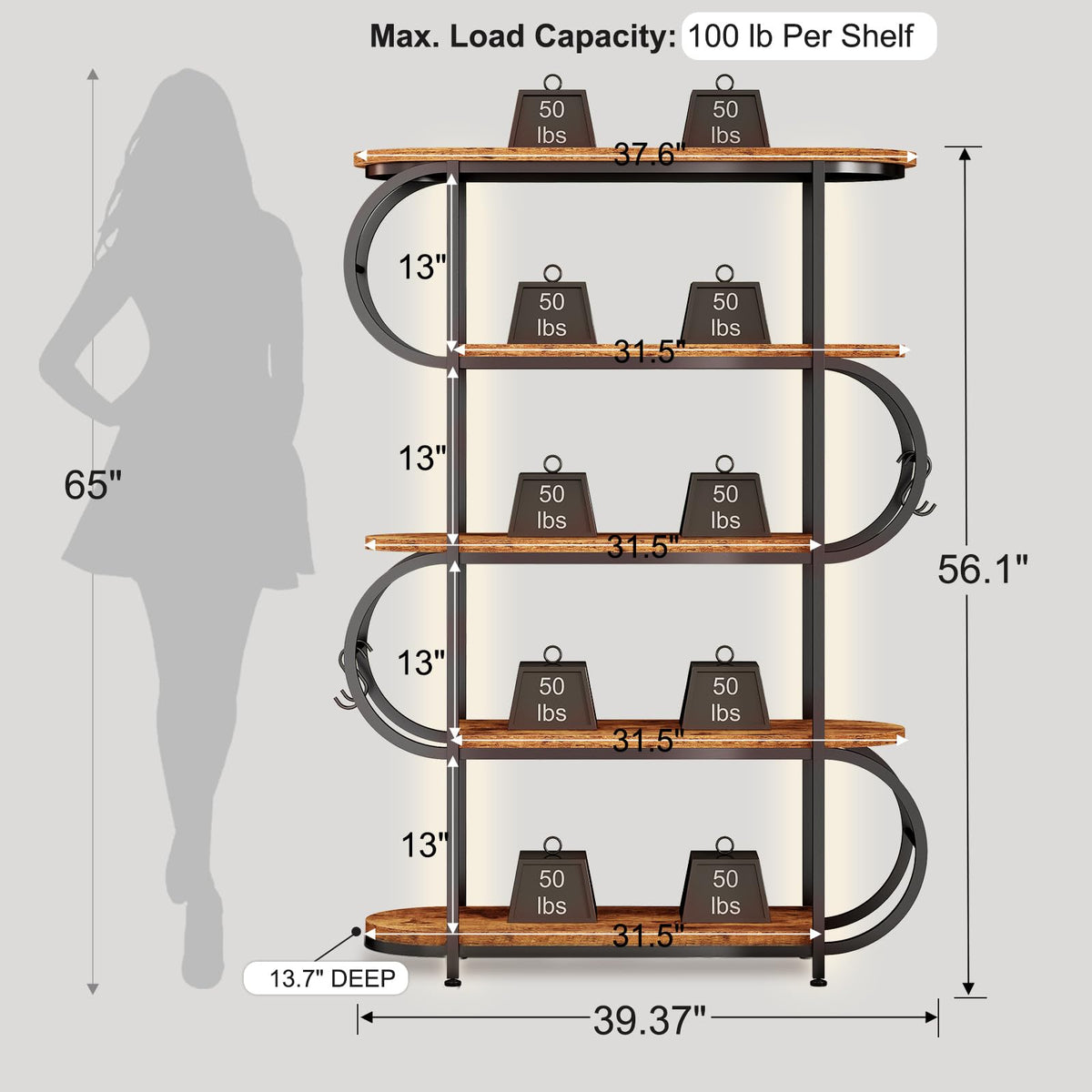 5-Tier LED Bookshelf with Hooks