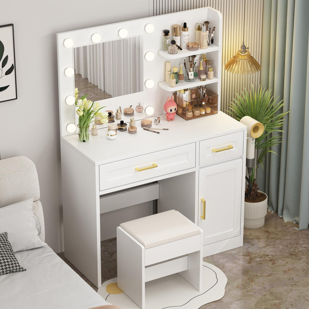 ENDYOE Vanity Desk with Mirror and Lights & Power Outlet