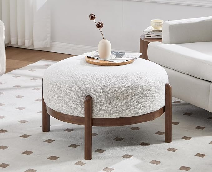 Round Upholstered Ottoman with Wood Legs