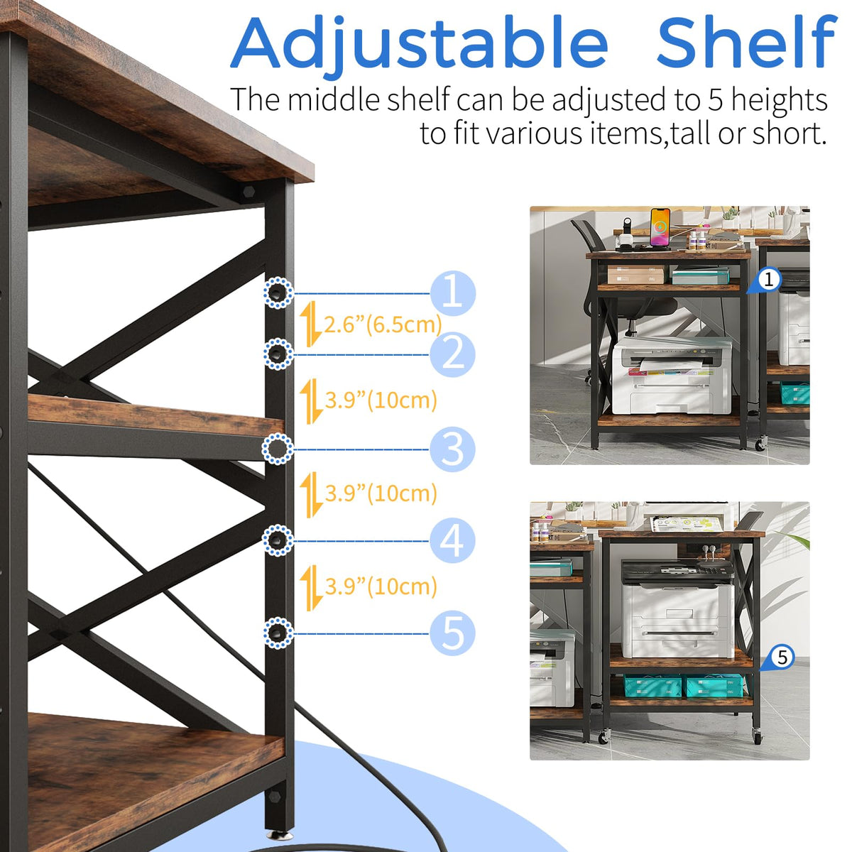 METYERRY 24"x23.6" Large Printer Stand with Power Outlet, 3 Tier Cart