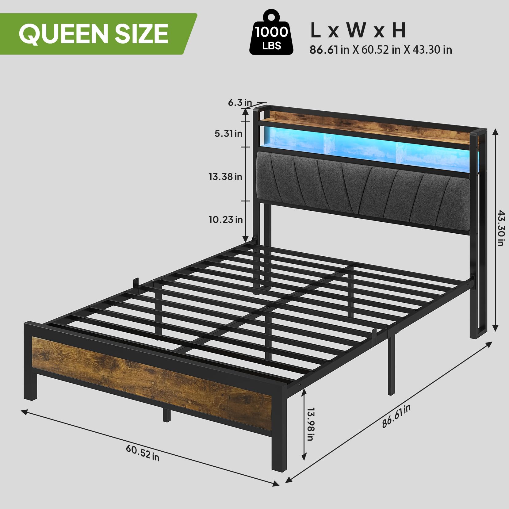 Platform Bed Frame with Storage Headboard, RGB LED Lights & Charging Station