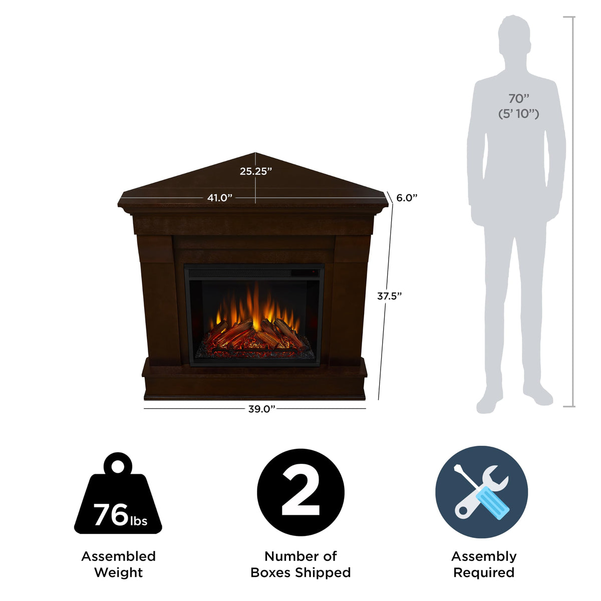 Real Flame Chateau 41" Corner Electric Fireplace with Mantel for Living Room or Bedroom, Replaceable Fireplace Insert Heater, Realistic Log and Flame Effect, Remote Control, Timer - Dark Walnut