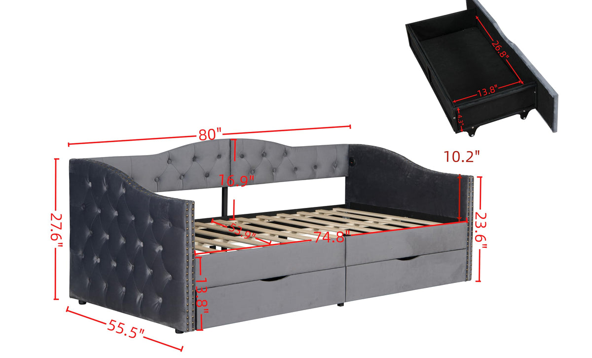 KEIKI Full Size Daybed with 2 Drawers & USB Charging Port, Upholstered Velvet Captains Bed Frame with Storage for Bedroom/Guestroom/Dorm, Gray