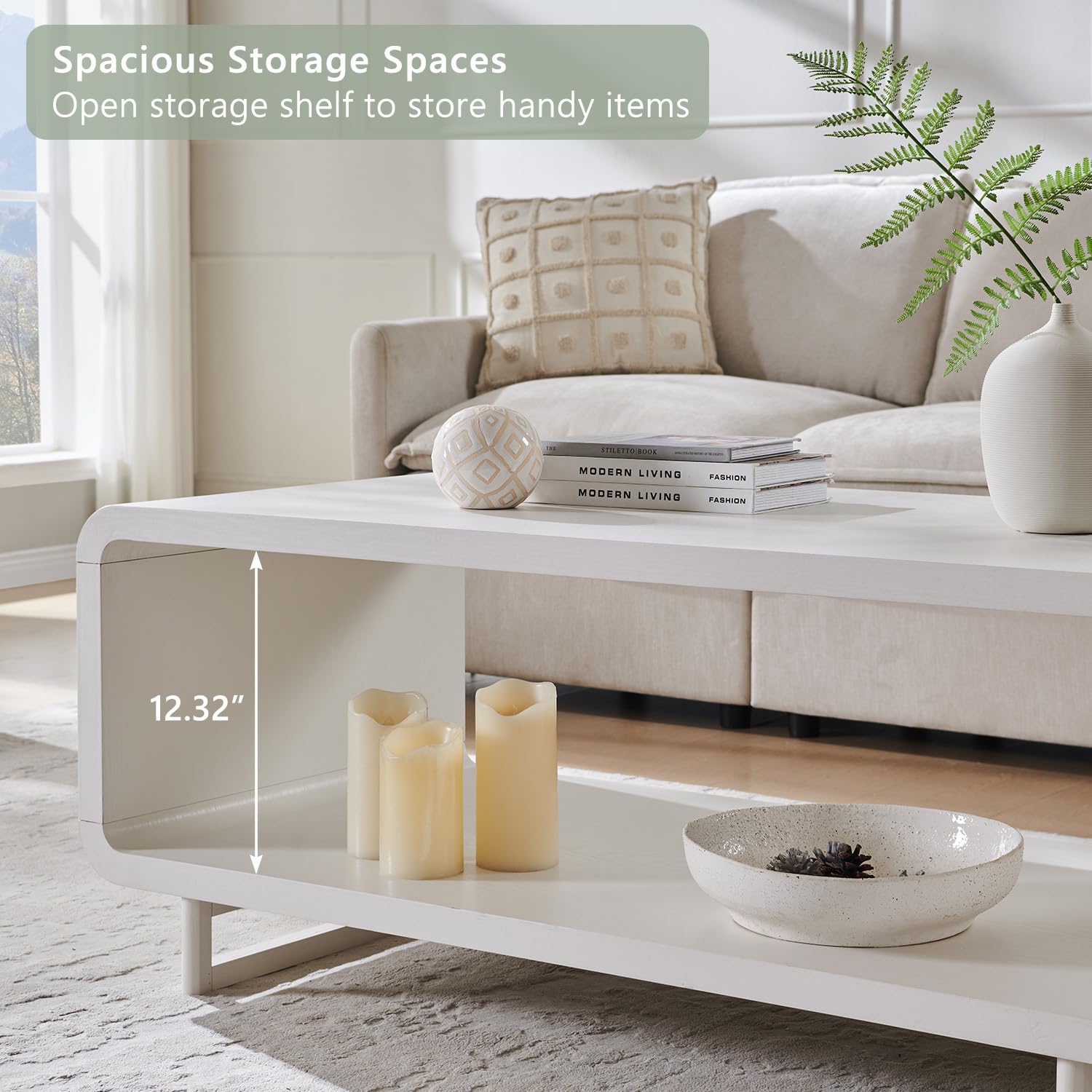 IFGET 48" Modern Coffee Table, 2-Tier Minimalist Center Table with Storage Shelf, Curved Profile Design, Wooden Rectangular Living Room Table w/Wood Thick Design for Living Room, Office, White