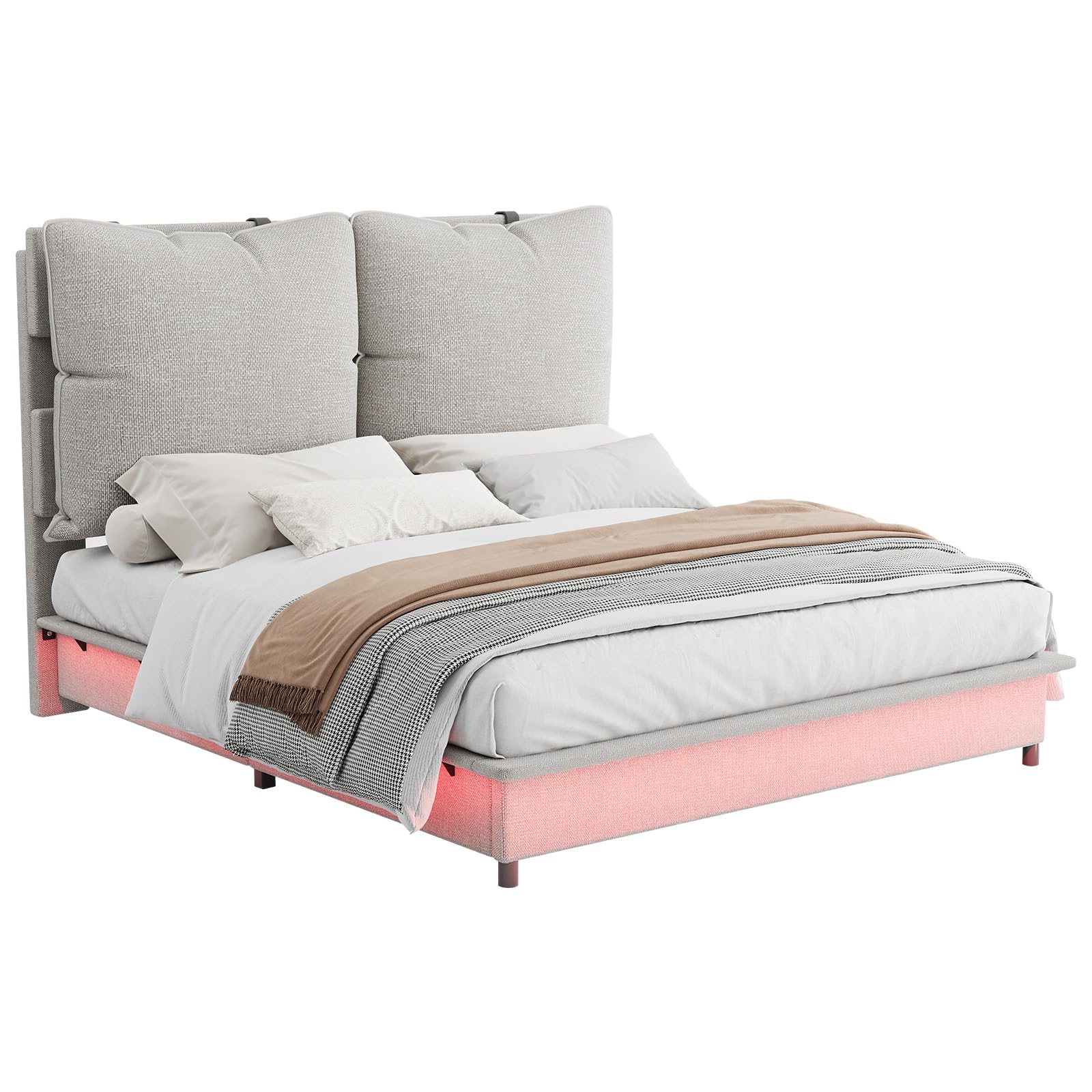 Jocisland LED Queen Bed Frame with Headboard and Removable Oversized Upholstered Cushions, Stable Floating Design, Two Look Options, No Box Spring Needed, Easy Assembly,Grey