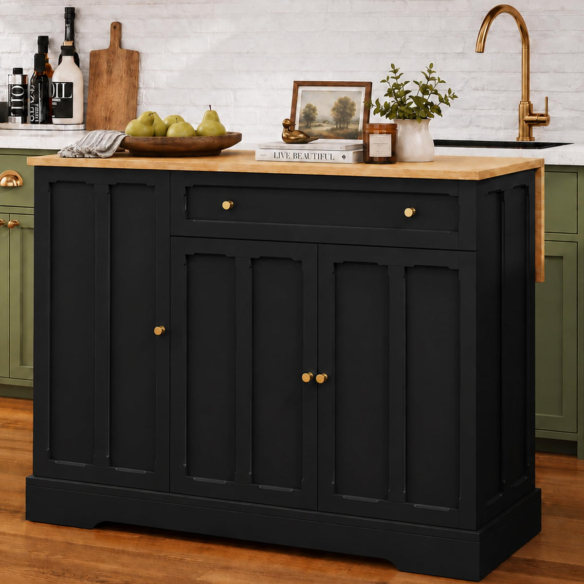 HLR Kitchen Island with Drop Leaf & Storage, Solid Rubber Wood Top Rolling Kitchen Cart with Carved Recessed Panel Doors, Large Mobile Island Table on Wheels for Kitchen, Dining Room (Black)