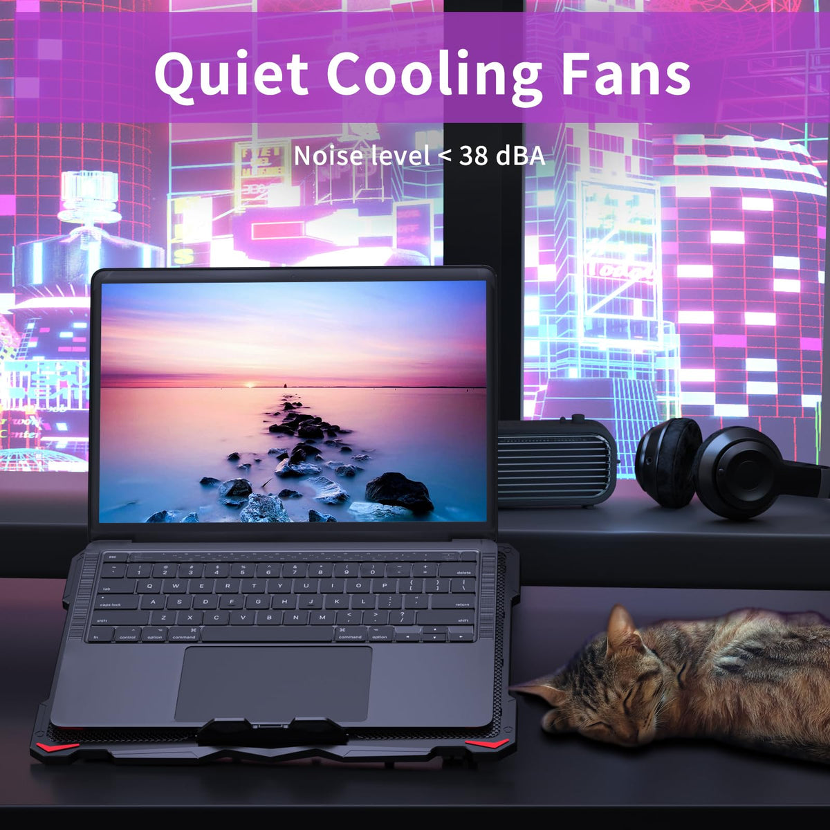 AICHESON Laptop Cooling Pad for 15.6 to 17.3 Inches PC Notebooks, 5 Fans Computer Cooler Stands with Purple Lights Desk Chiller Mat, S035