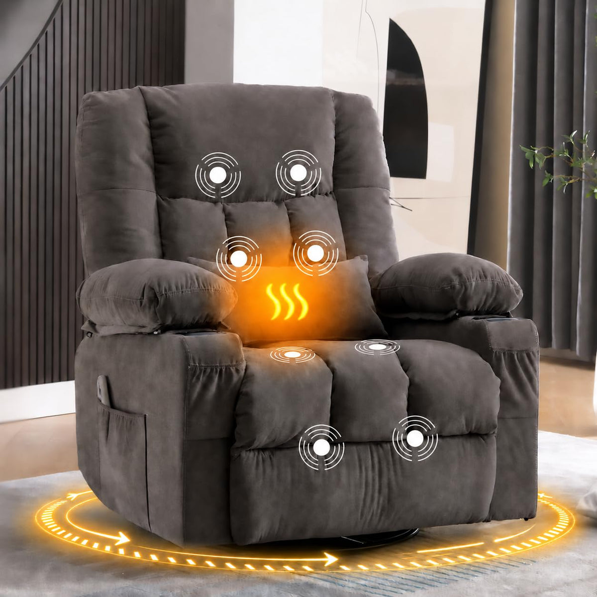 Manual Swivel Rocking Recliner Chair with 8-Zone Massage & Lumbar Heat