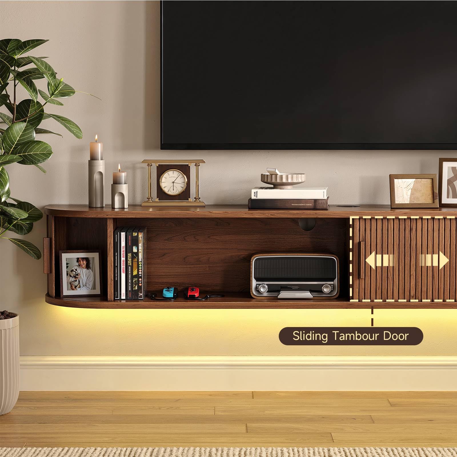 63" Floating TV Stand with Power Outlet for TVs up to 75", Fluted Entertainment Center with Remote Control for LED Lights, Mid-Century Modern TV Console w/Sliding Door for Living Room, Bedroom Walnut