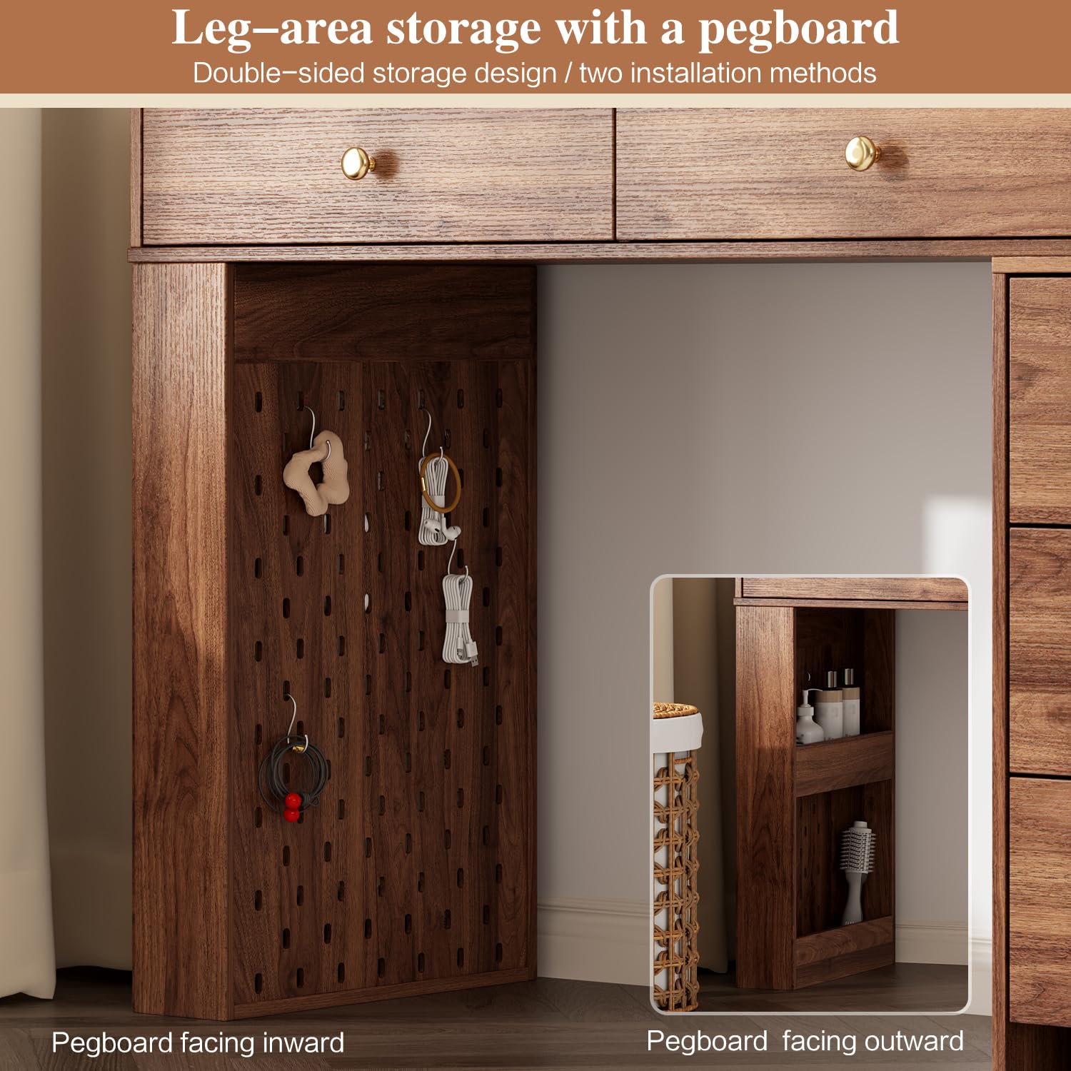 Ieejdn Makeup Vanity Desk with Mirror and Lights, Vanity Desk with 8 Drawers & Storage Shelves, Vanity Table with Power Outlet, 3 Color Modes & Adjustable Brightness Dressing Table, Bedroom,Brown