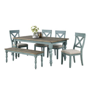 Roundhill Furniture Prato 6-Piece Dining Set, Dining Table with 4 Cross Back Chairs and Bench, Antique Blue and Distressed Walnut Finish